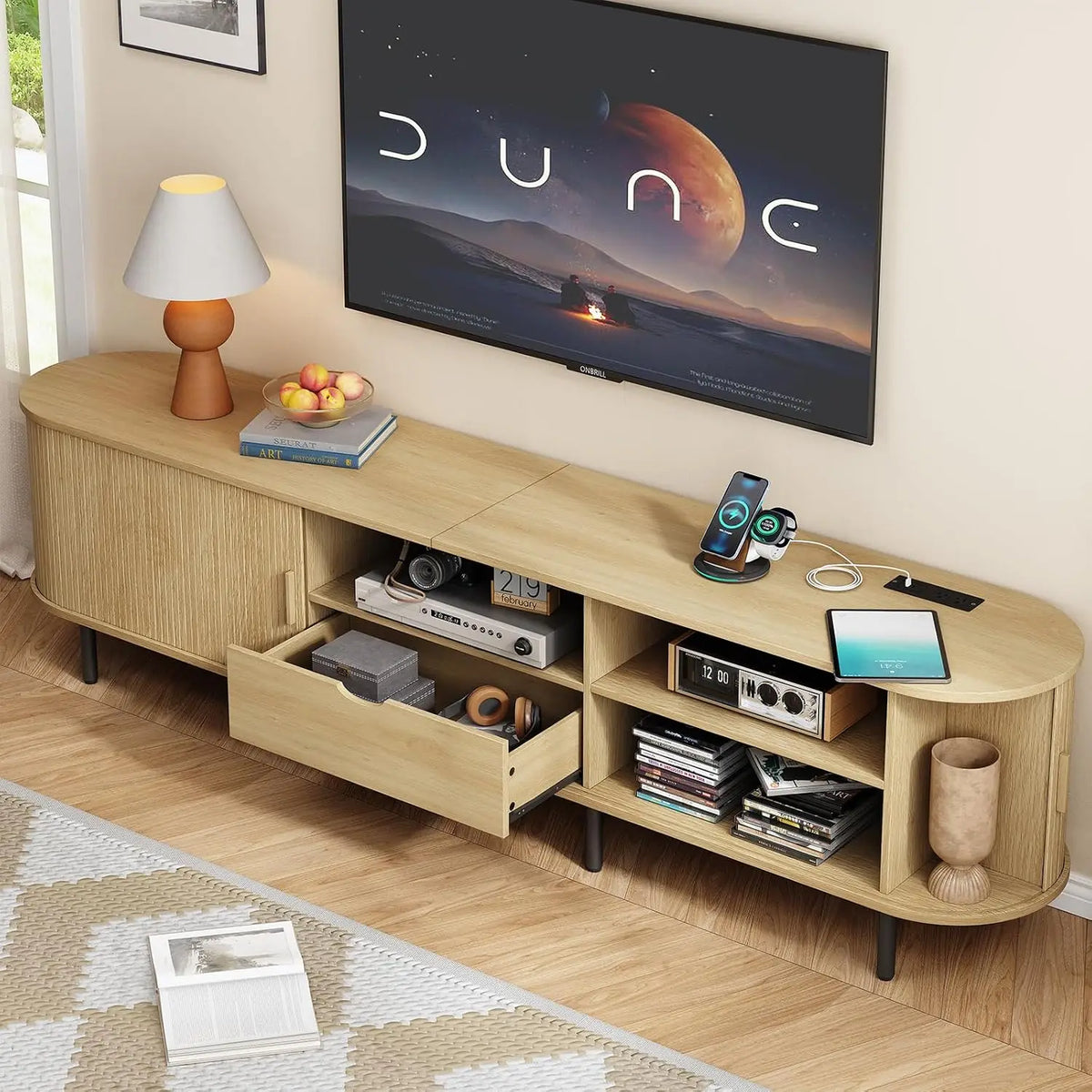 ONBRILL Mid Century Wood TV Stand With Power Outlets