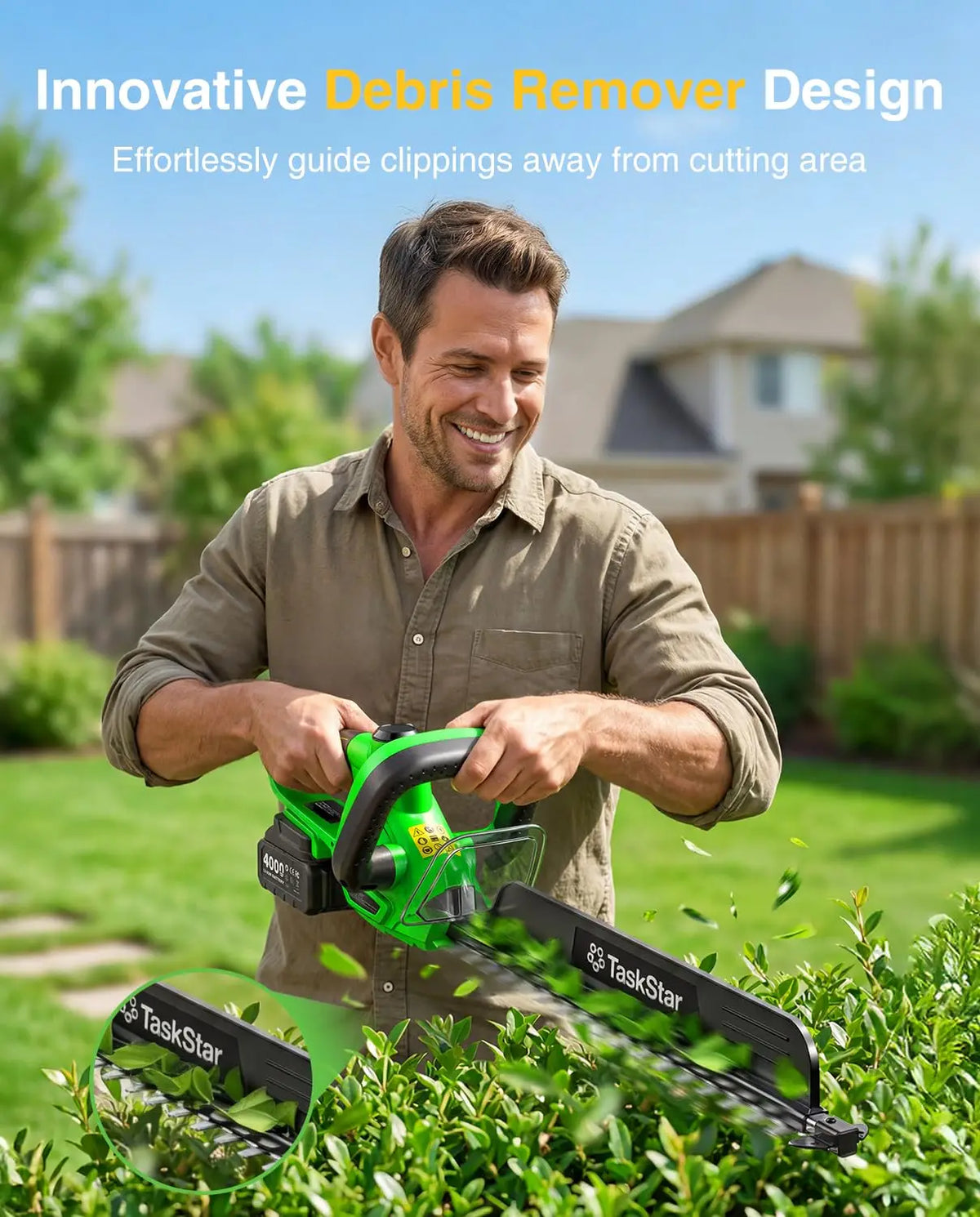 TaskStar 22" Electric Hedge Trimmer with 180° Rotatable Handle & Debris Remover & 550mm SK5 Dual Edge Blade 20V Cordless Hedge Clippers for Shrub Trimming with 2 4.0Ah Batteries