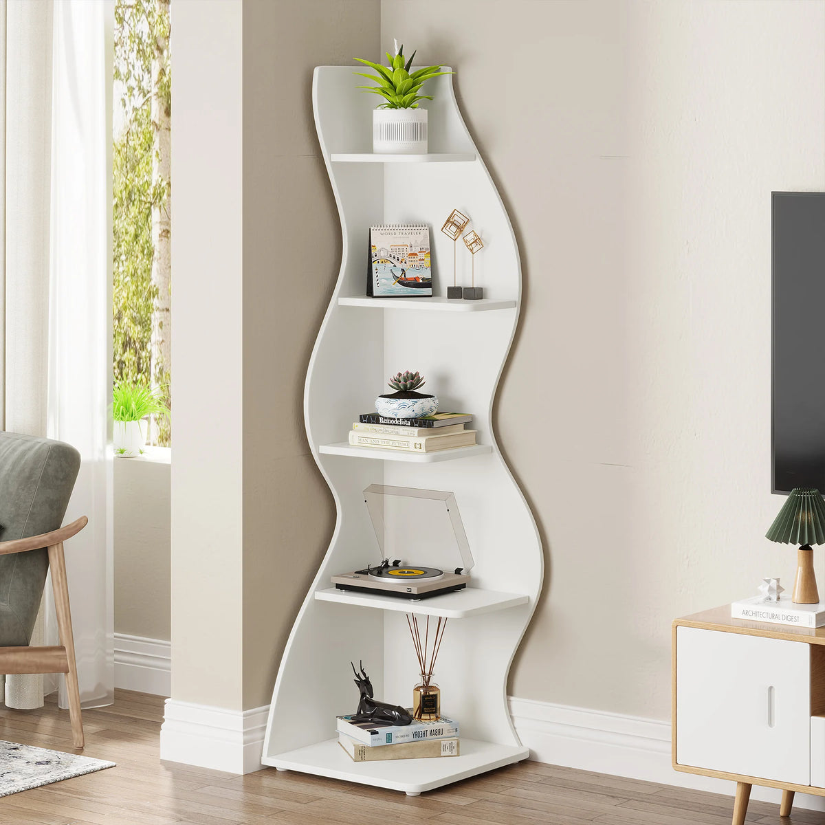 Tribesigns Modern 5-Tier Wooden Corner Bookshelf