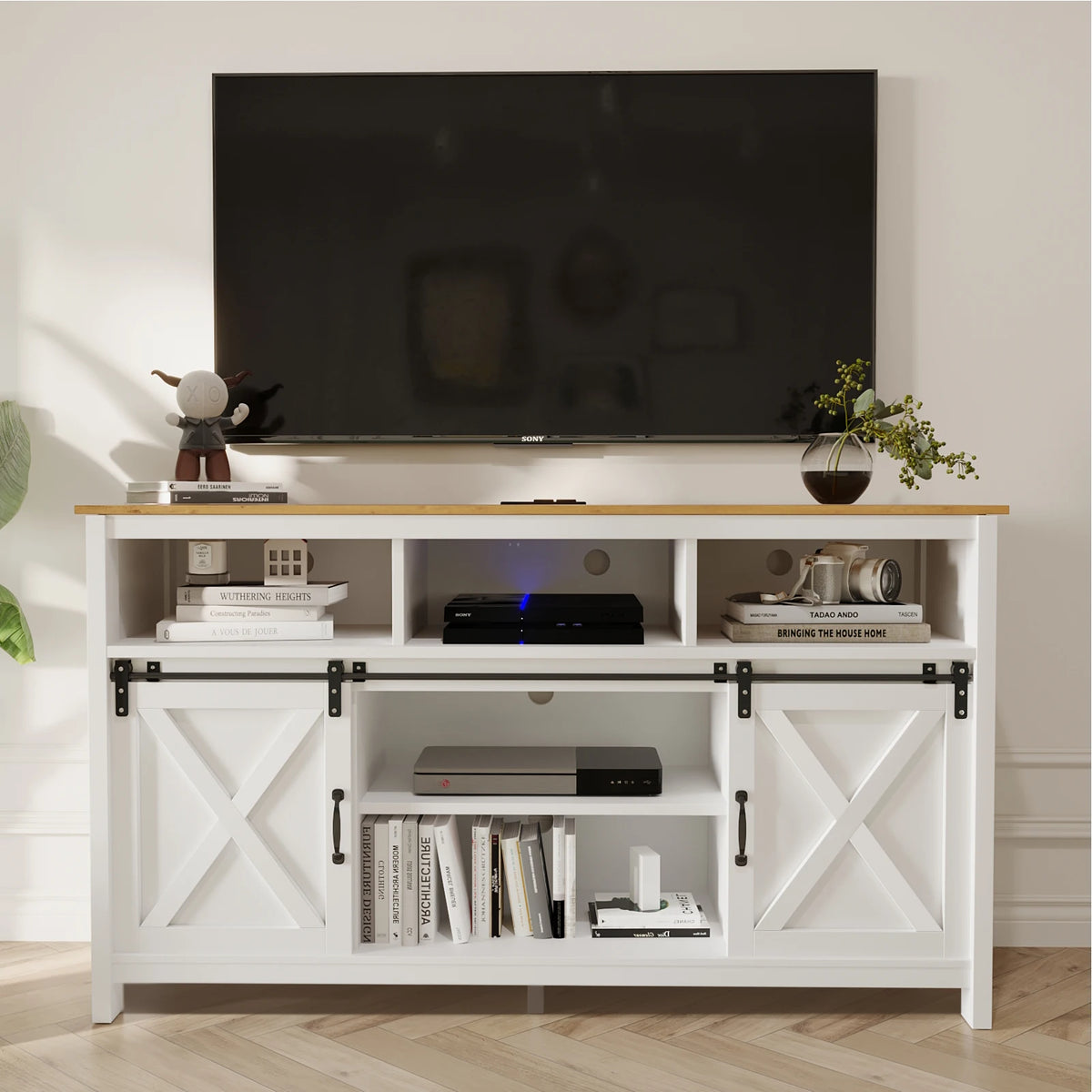 QiaoShiRen TV Stand Farmhouse Rustic Barn Door Cabinet