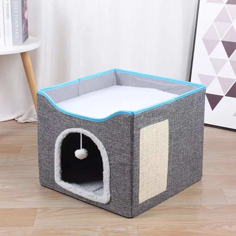 Foldable Cat Cave Bed With Scratching Pad And Fluffy Ball