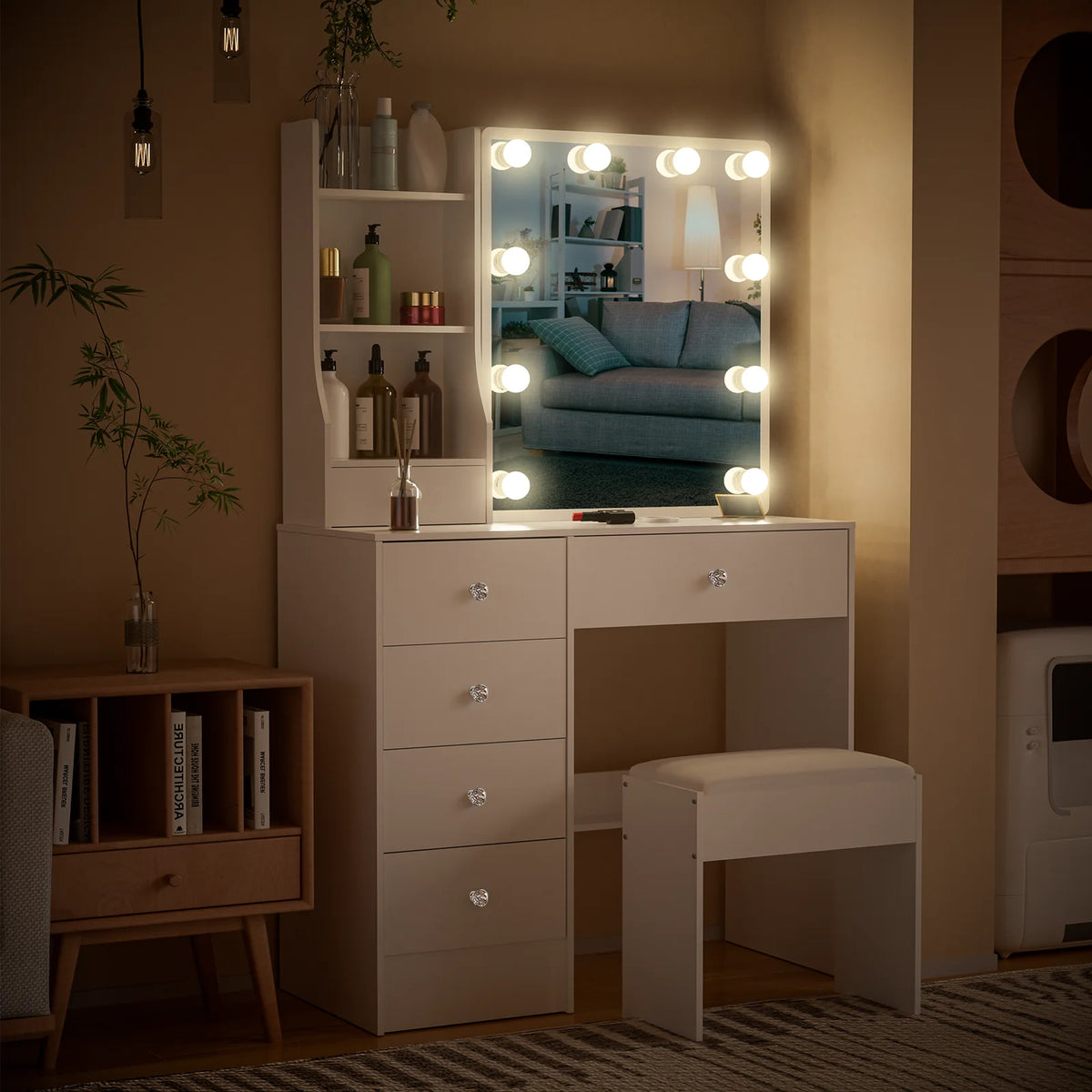 Teousev Modern Wooden Vanity With Led Lights And 6 Drawers
