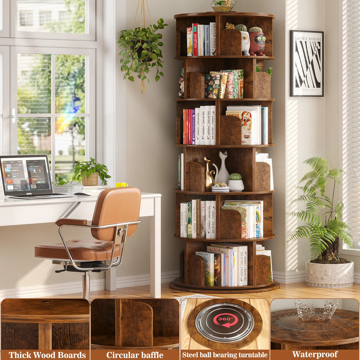 Aheaplus Rotating Wooden Bookshelf Tower