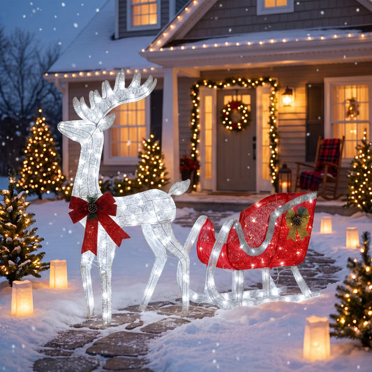 Lighted Christmas Reindeer And Sleigh Outdoor Decoration