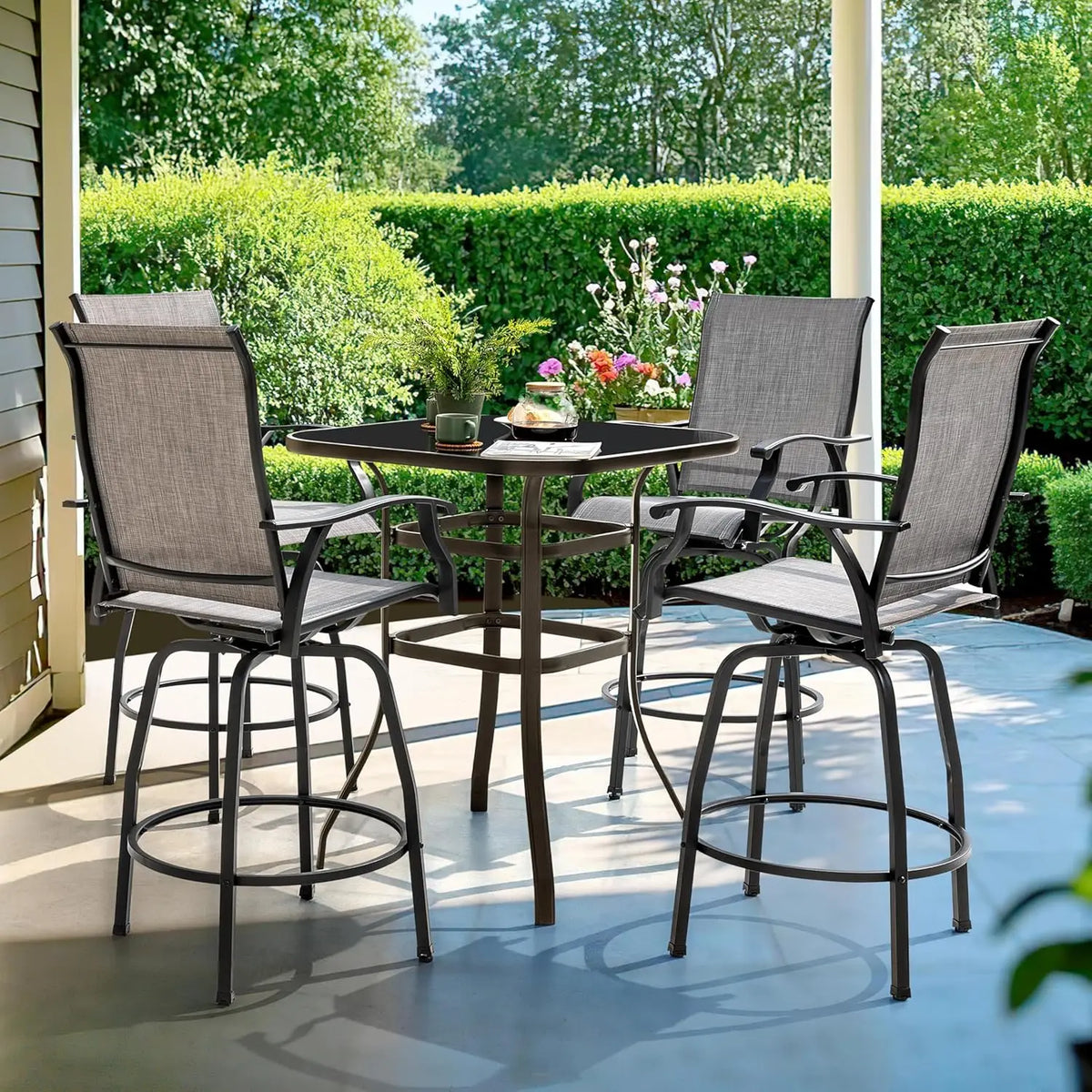 Outdoor Glass Table Bar Set With Swivel Stools