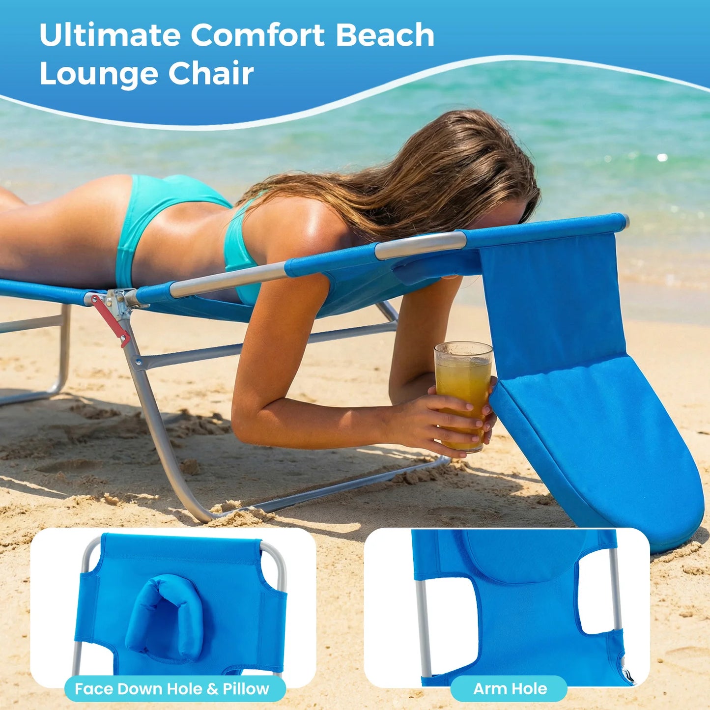 JHK Adjustable Recline Beach Lounge Chair With Face Holes