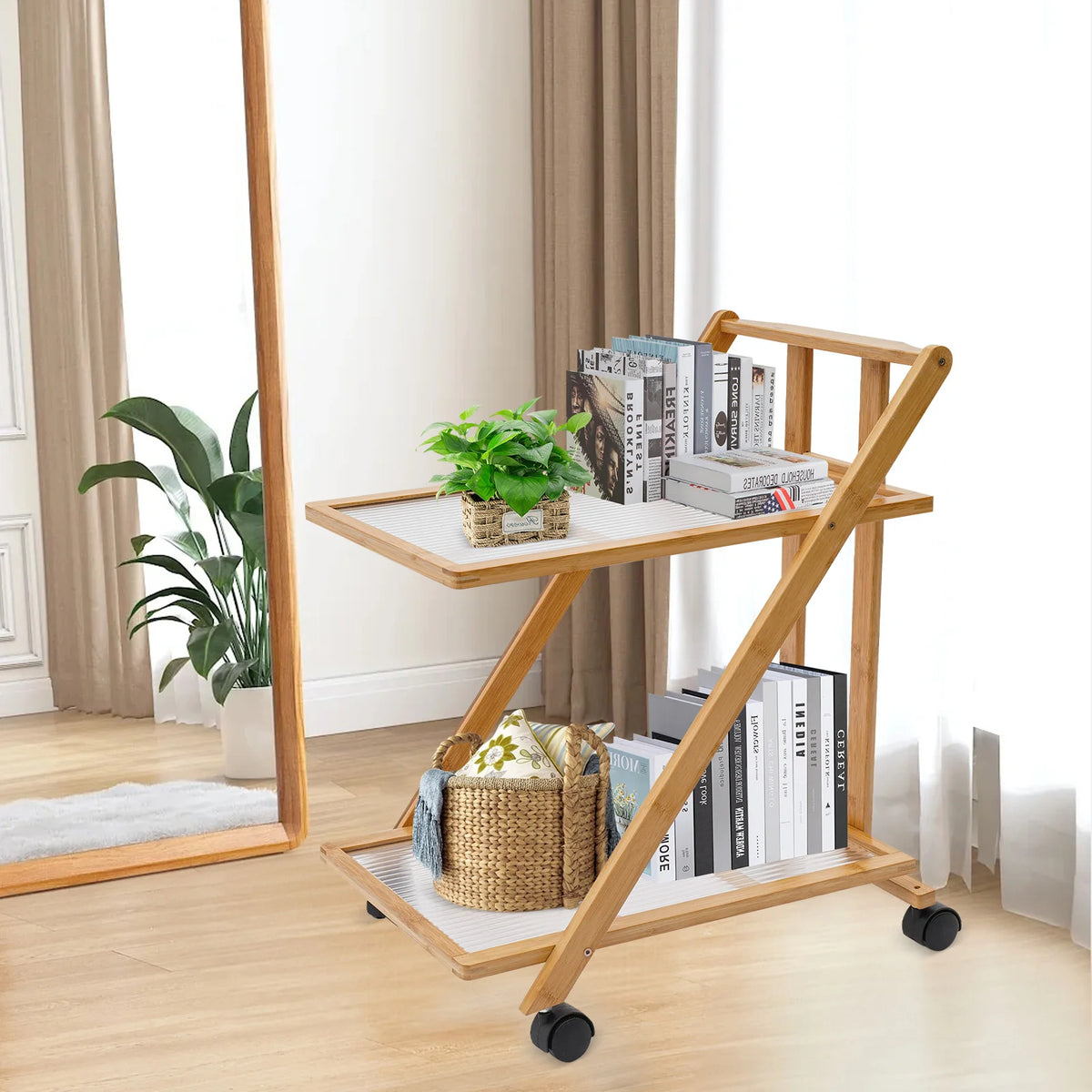 Bymaocar Two Tier Rolling Bamboo Storage Cart