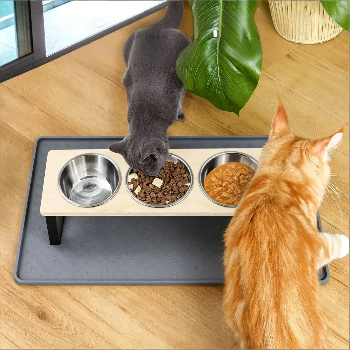 Elevated Cat Feeder With 3 Bowls And Tilted Bamboo Stand