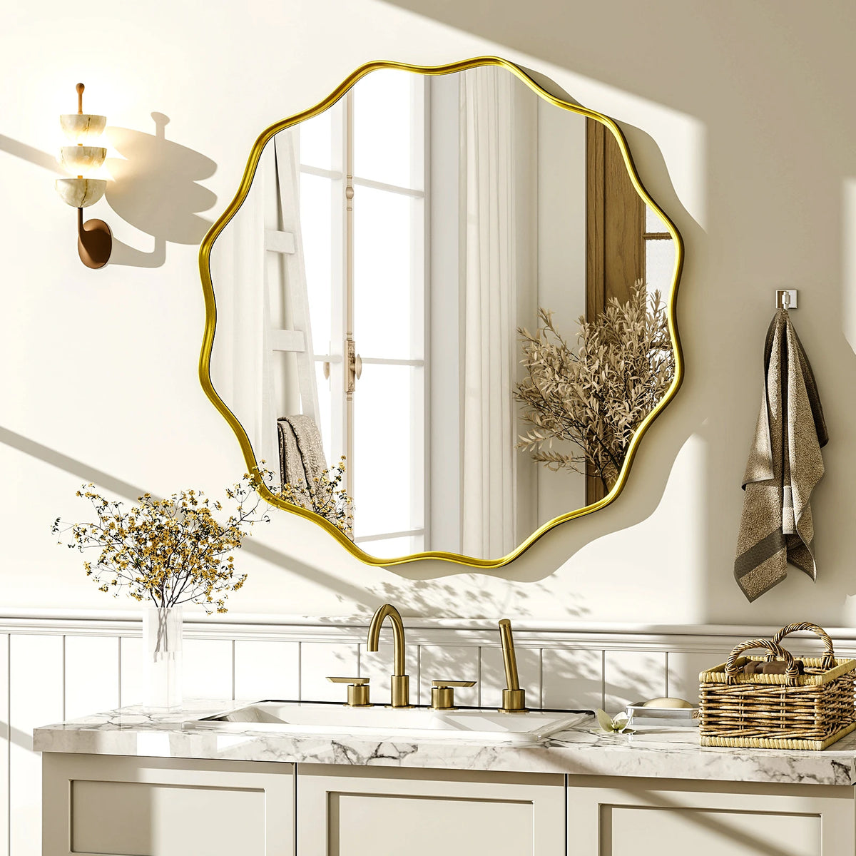 Wavy Round Bathroom Mirror Decorative Wall Mirror with Deep Frame