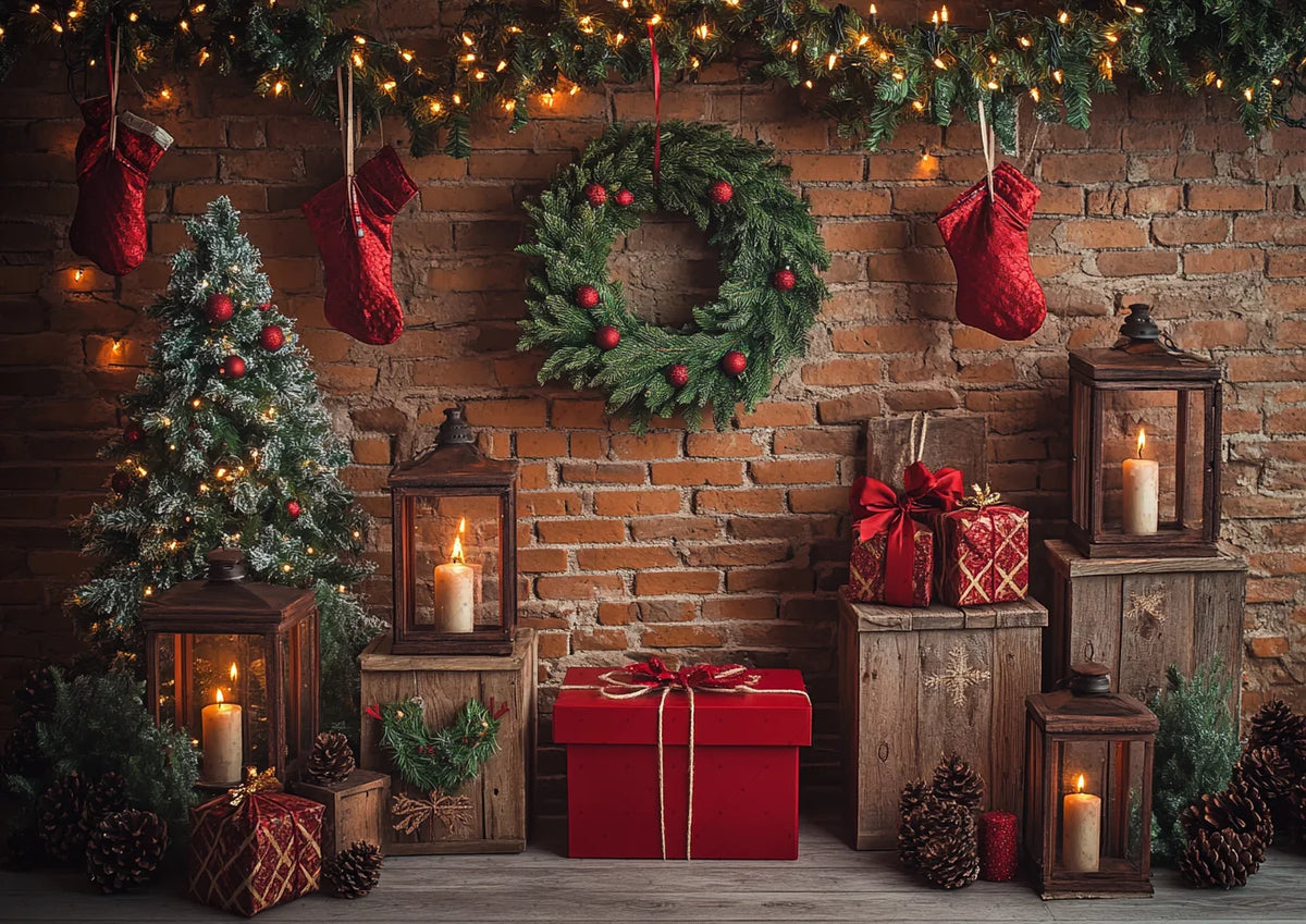 Christmas Background Happy New Year Party Xmas Tree Brick Wall Decoration Adult Children Portrait Photo Backdrop Banner
