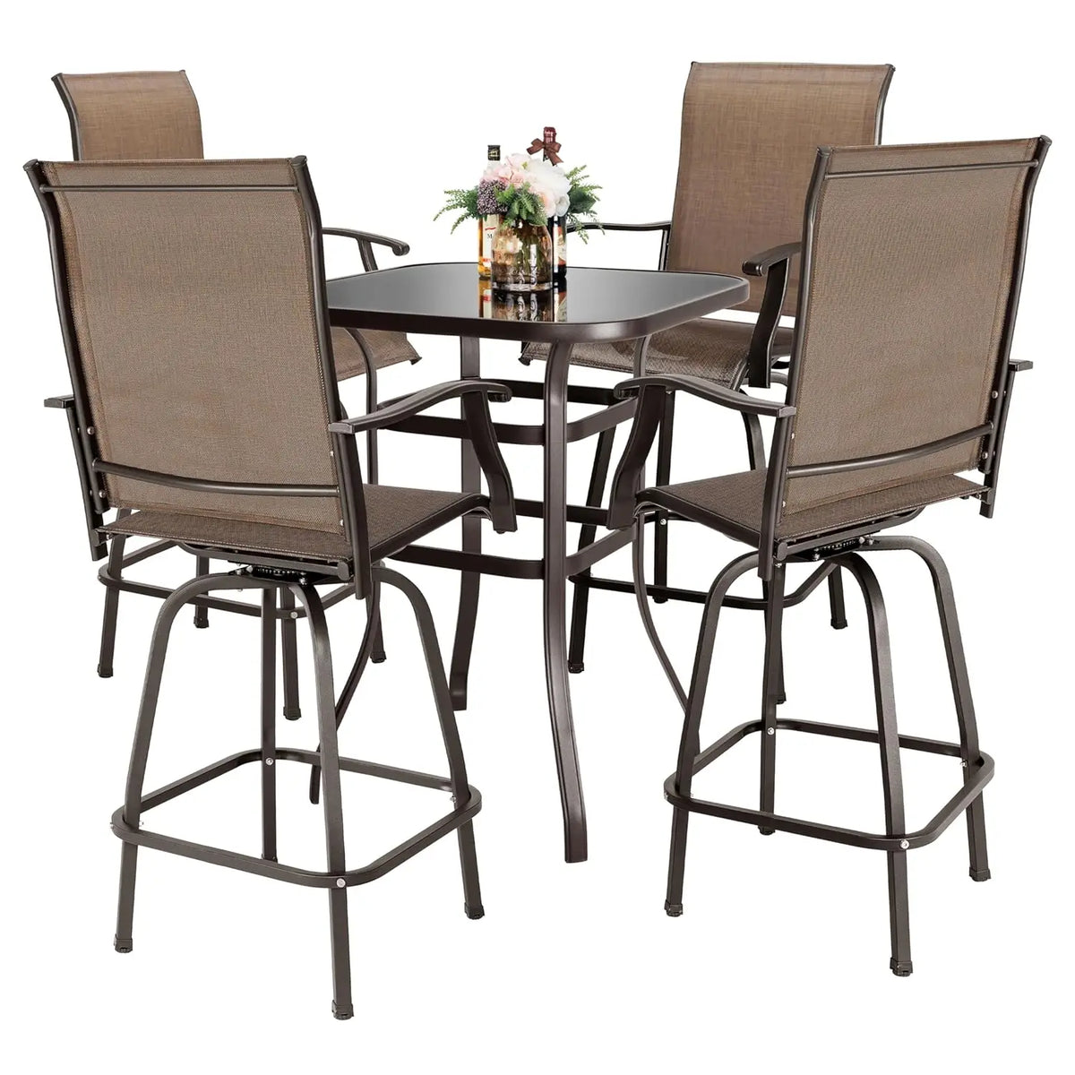 Outdoor Glass Table Bar Set With Swivel Stools