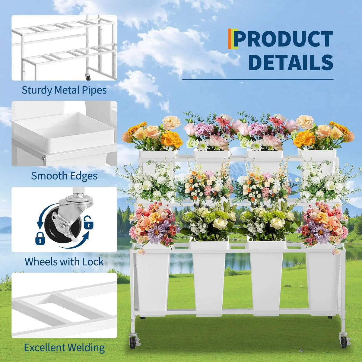 HiMISS Rolling Flower Display Stand With Removable Buckets