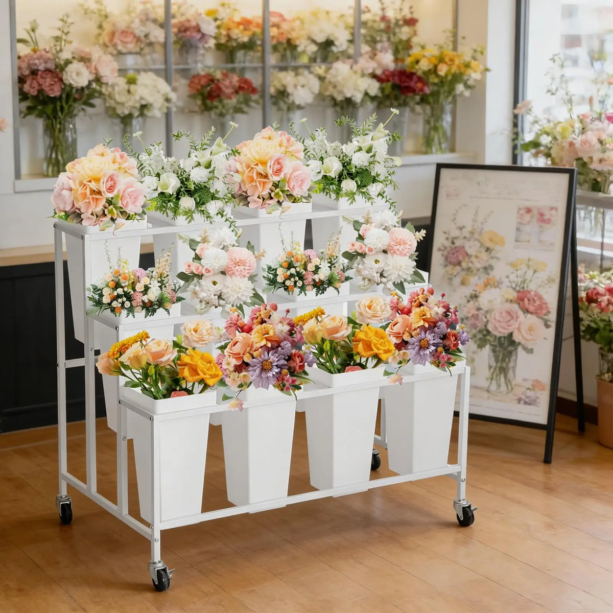 HiMISS Rolling Flower Display Stand With Removable Buckets