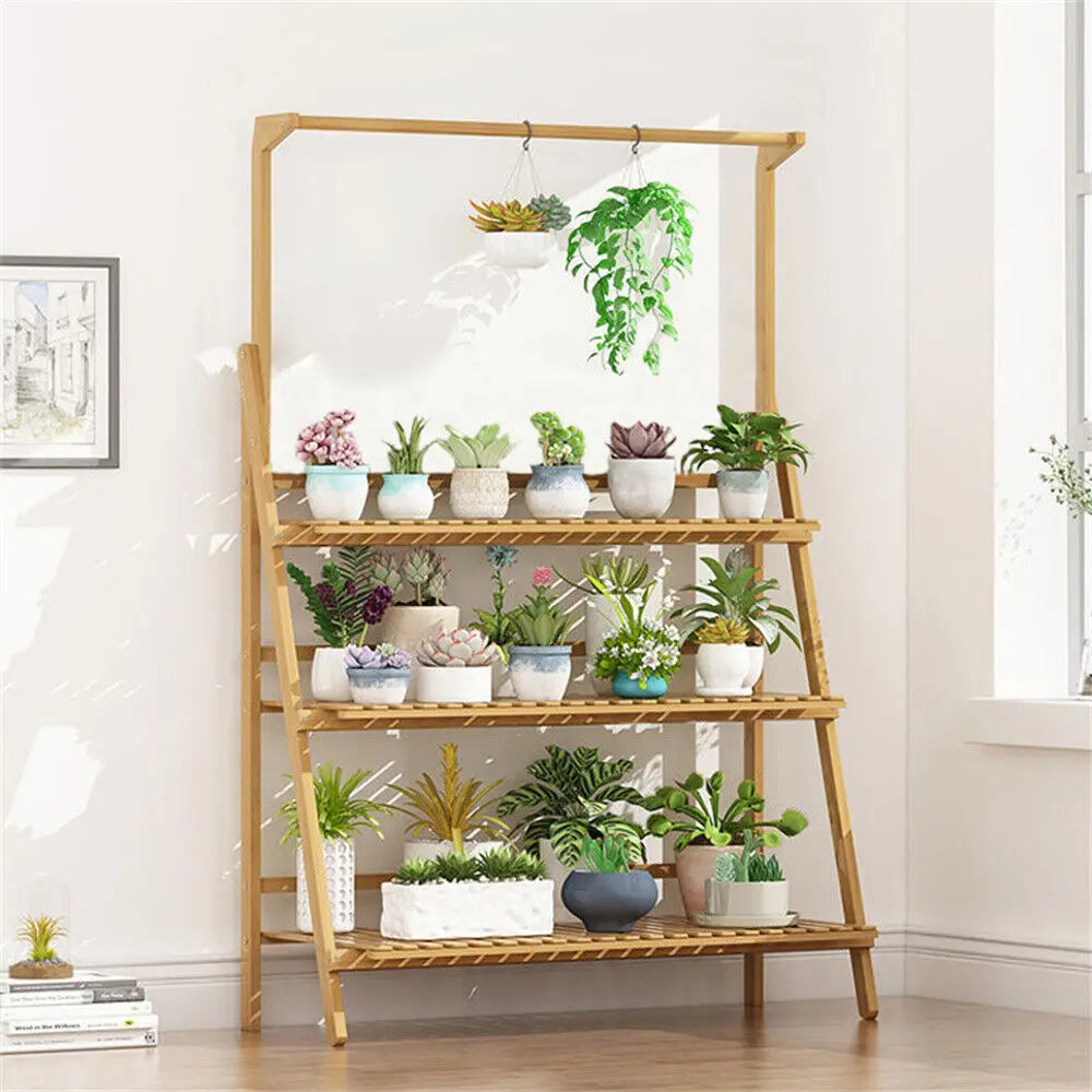 Folding Bamboo Plant Stand With Flower Pot Holder Rack