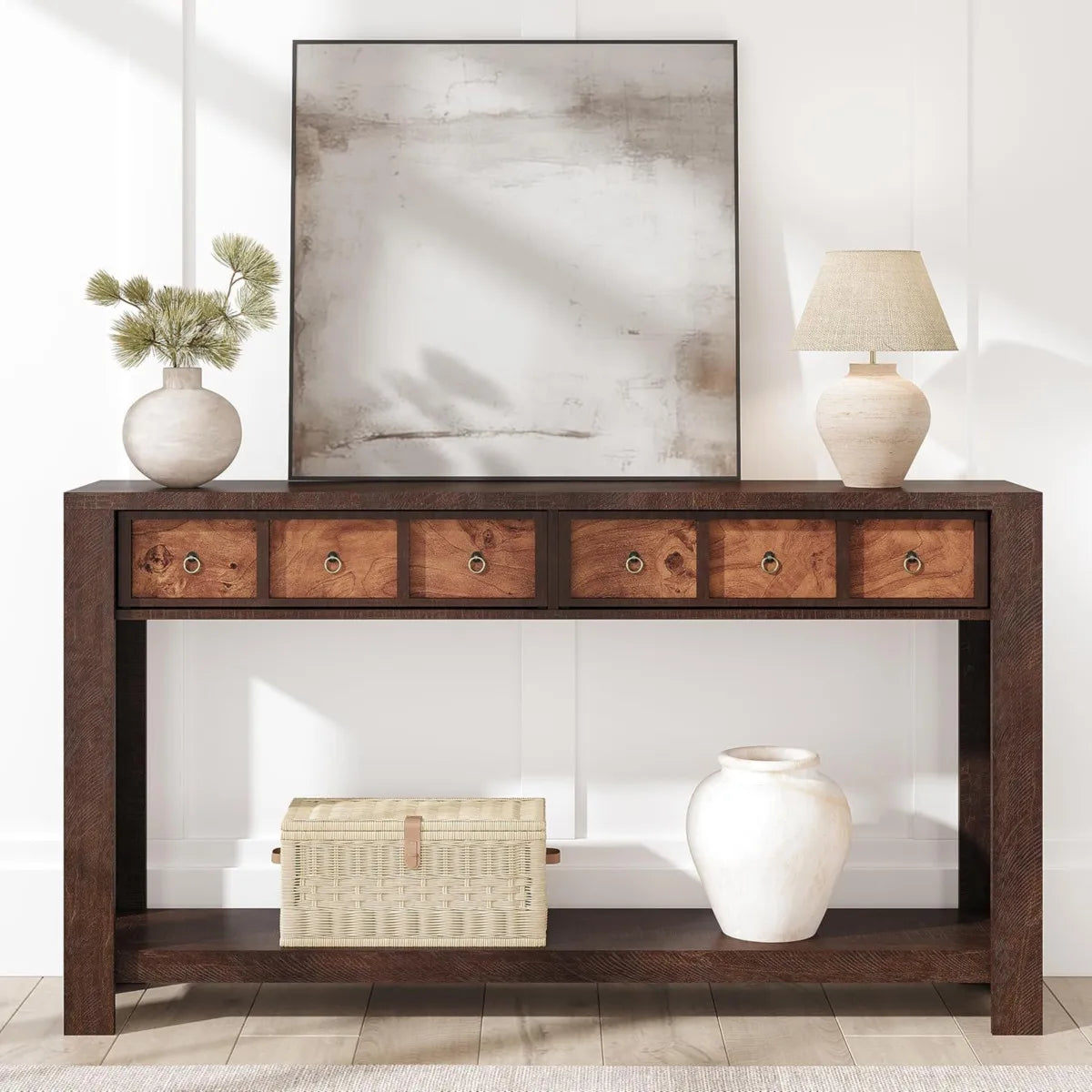 Farmhouse Wooden Console Table With Drawers And Shelf