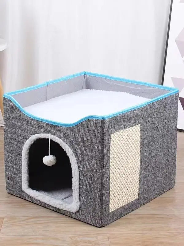 Foldable Cat Cave Bed With Scratching Pad And Fluffy Ball