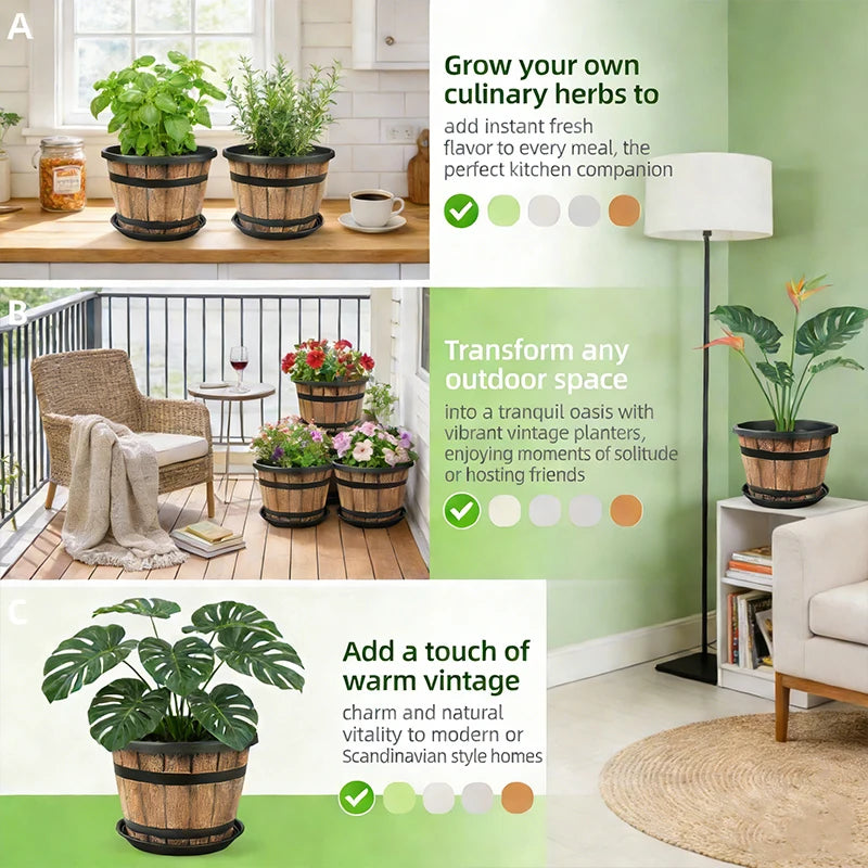 Resin Wooden Barrel Plant Planter For Indoor Balcony Decor