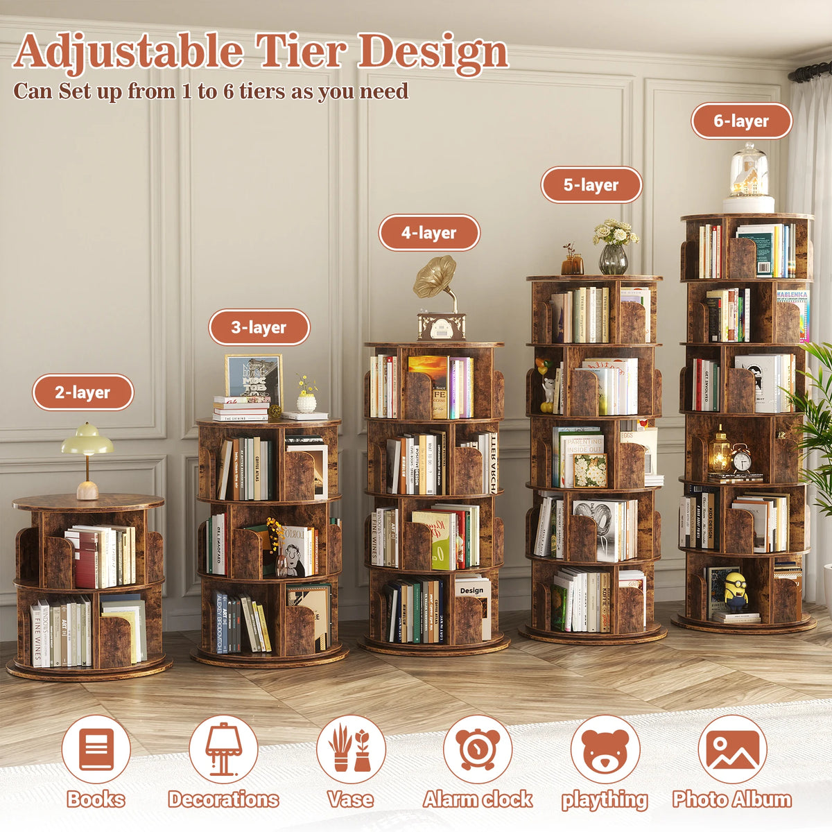 Aheaplus Rotating Wooden Bookshelf Tower