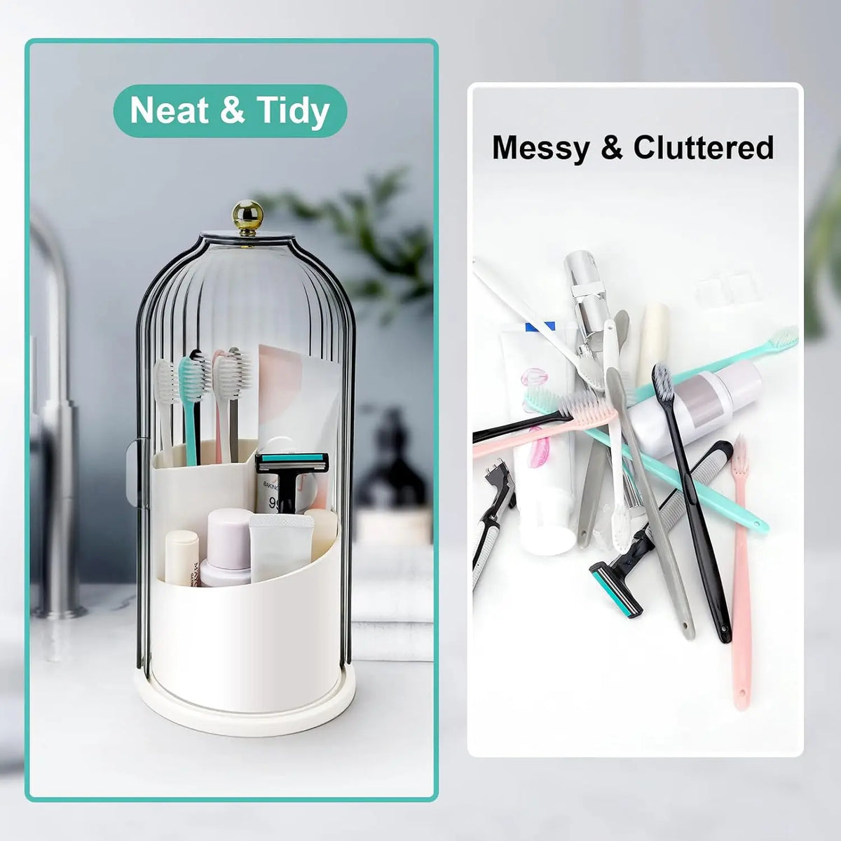 Sliding Lid Rotating Toothbrush Holder Organizer for Bathroom