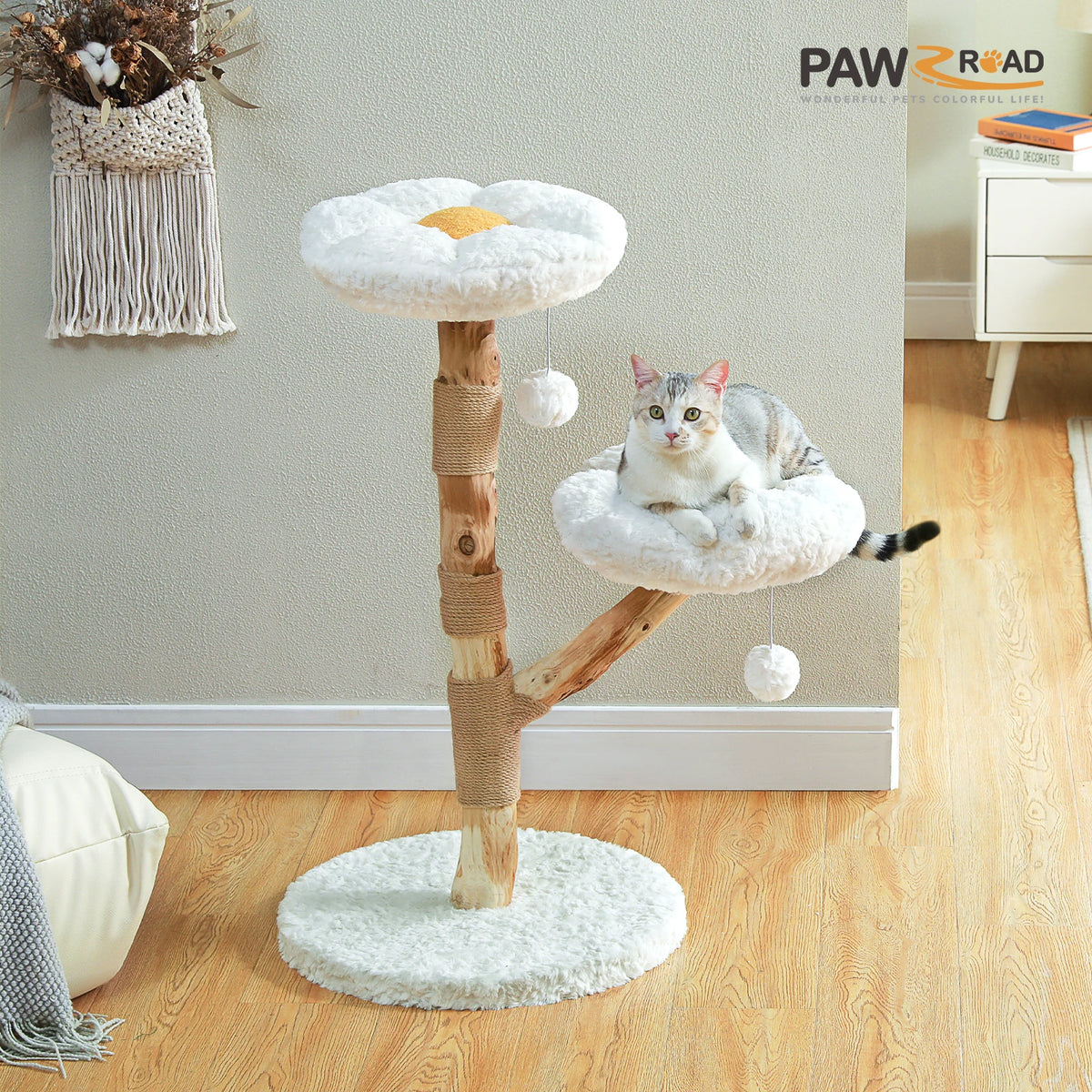 Pawz Road Modern Cat Tree With Solid Wood Wicker Basket