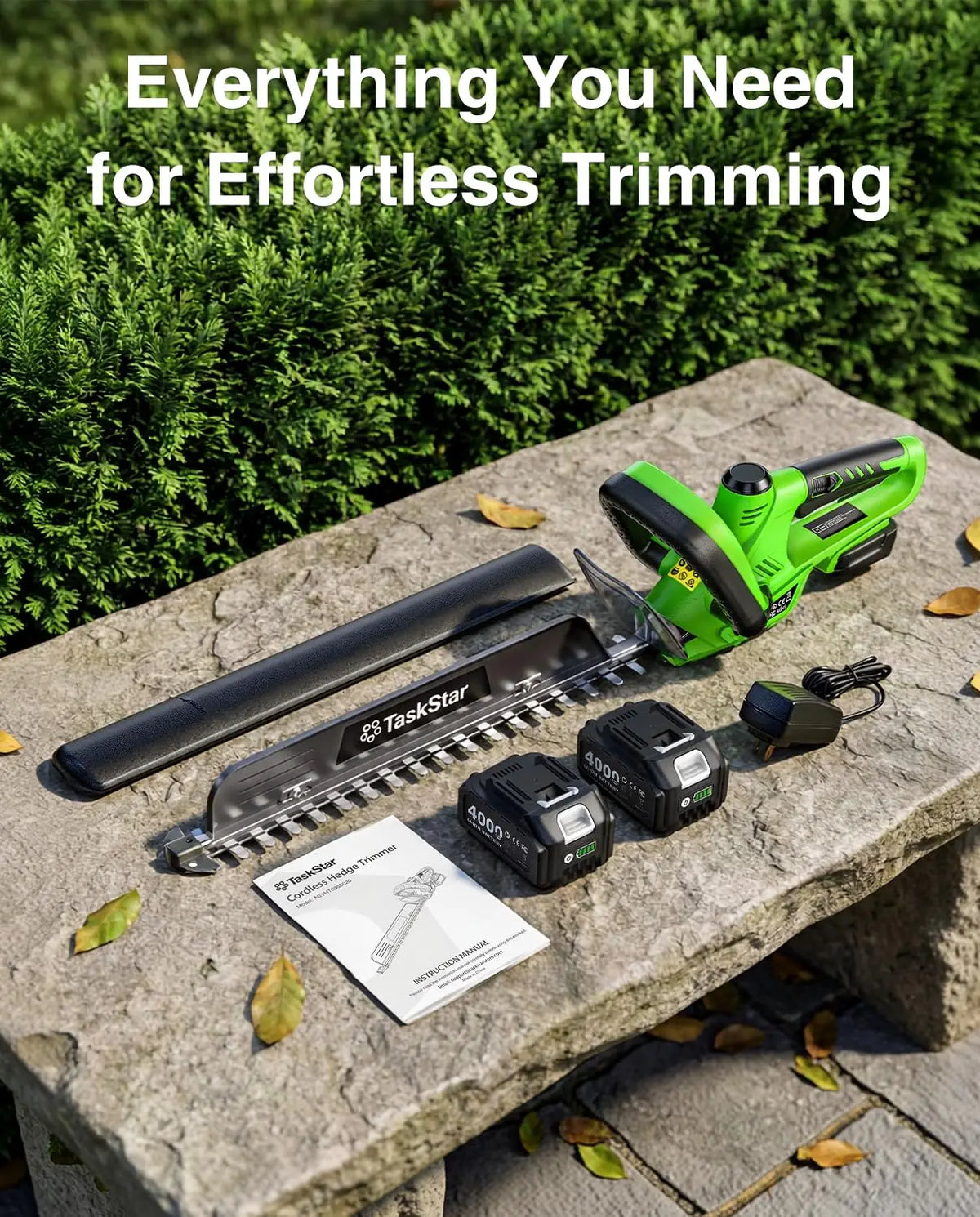TaskStar 22" Electric Hedge Trimmer with 180° Rotatable Handle & Debris Remover & 550mm SK5 Dual Edge Blade 20V Cordless Hedge Clippers for Shrub Trimming with 2 4.0Ah Batteries