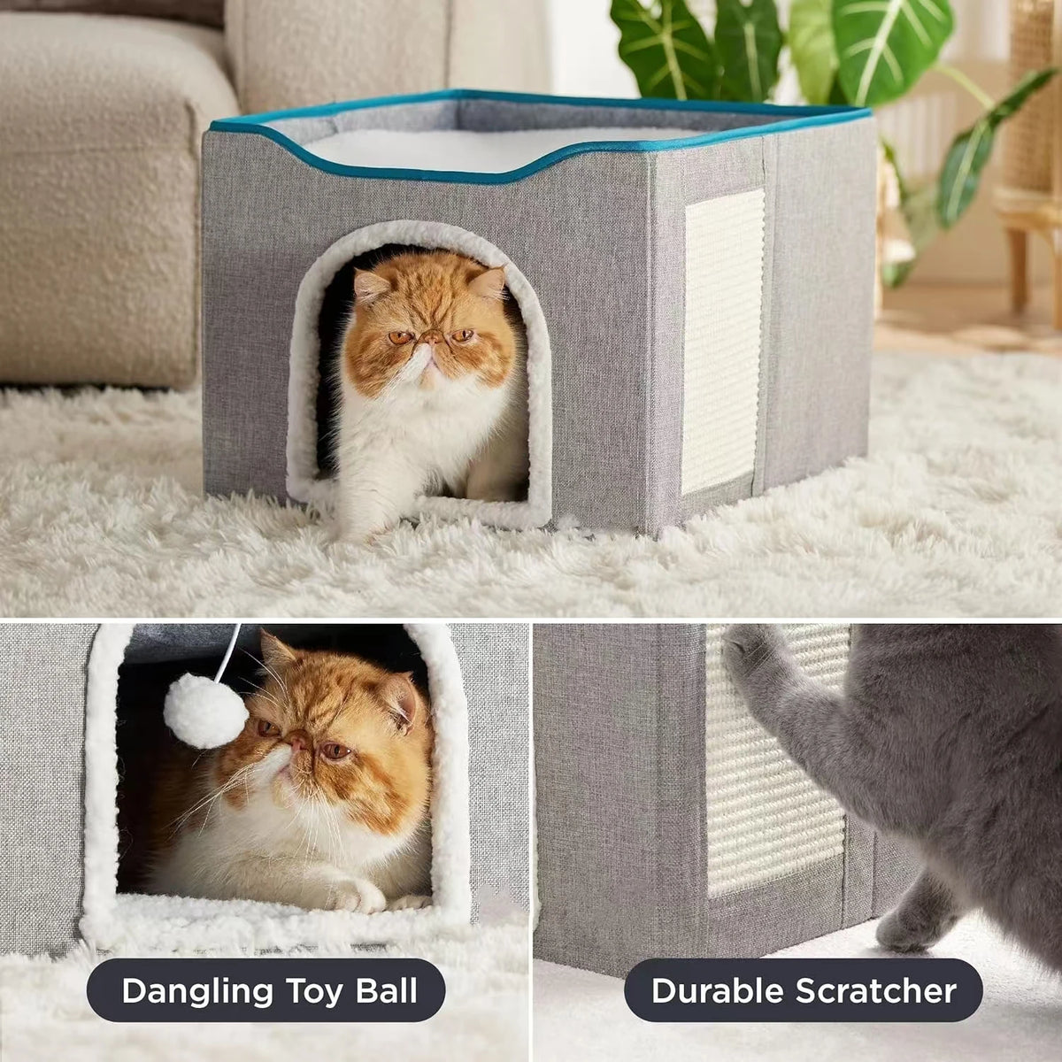 Foldable Cat Cave Bed With Scratching Pad And Fluffy Ball