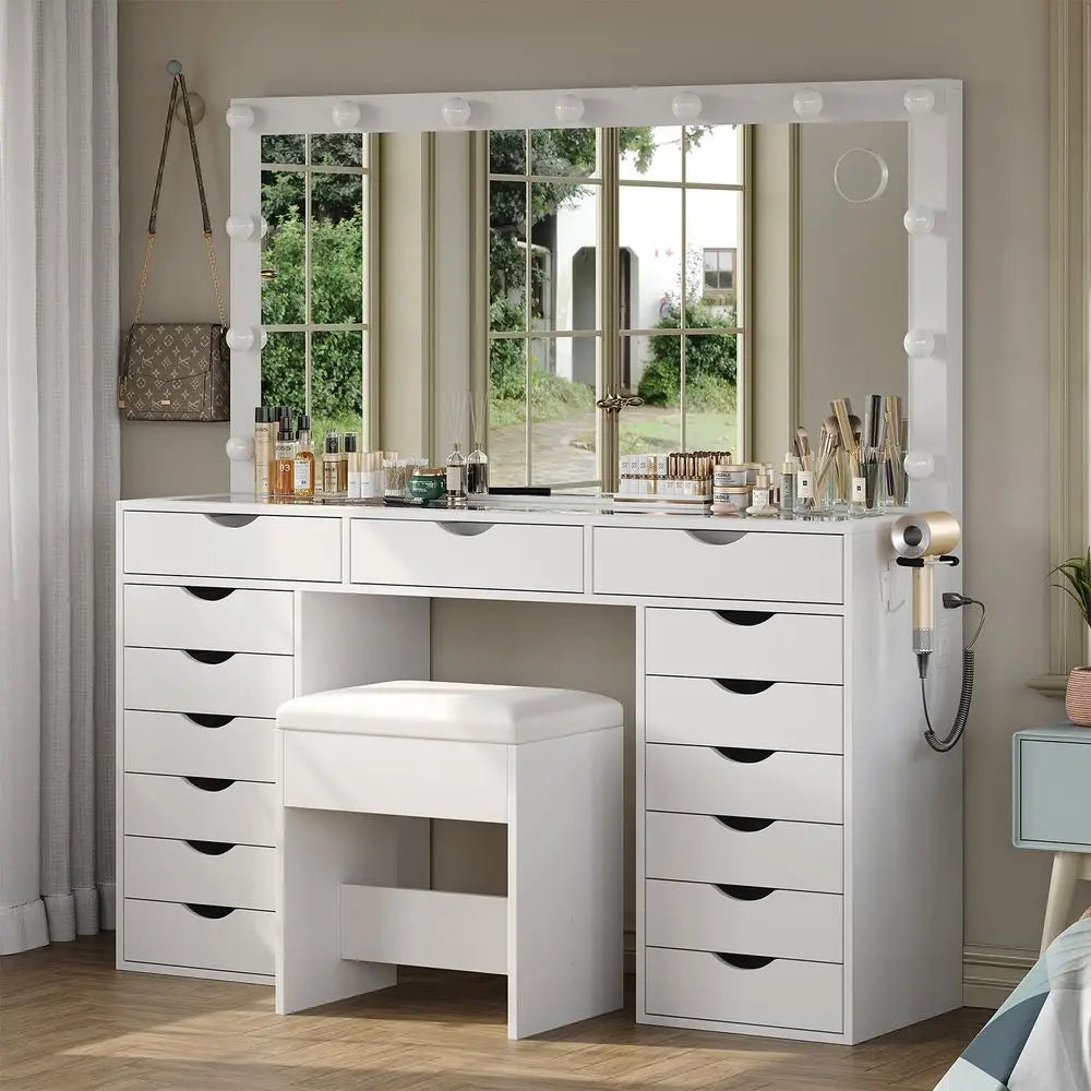 Hollywood Style Vanity Desk With Mirror And Lights 6 Drawers