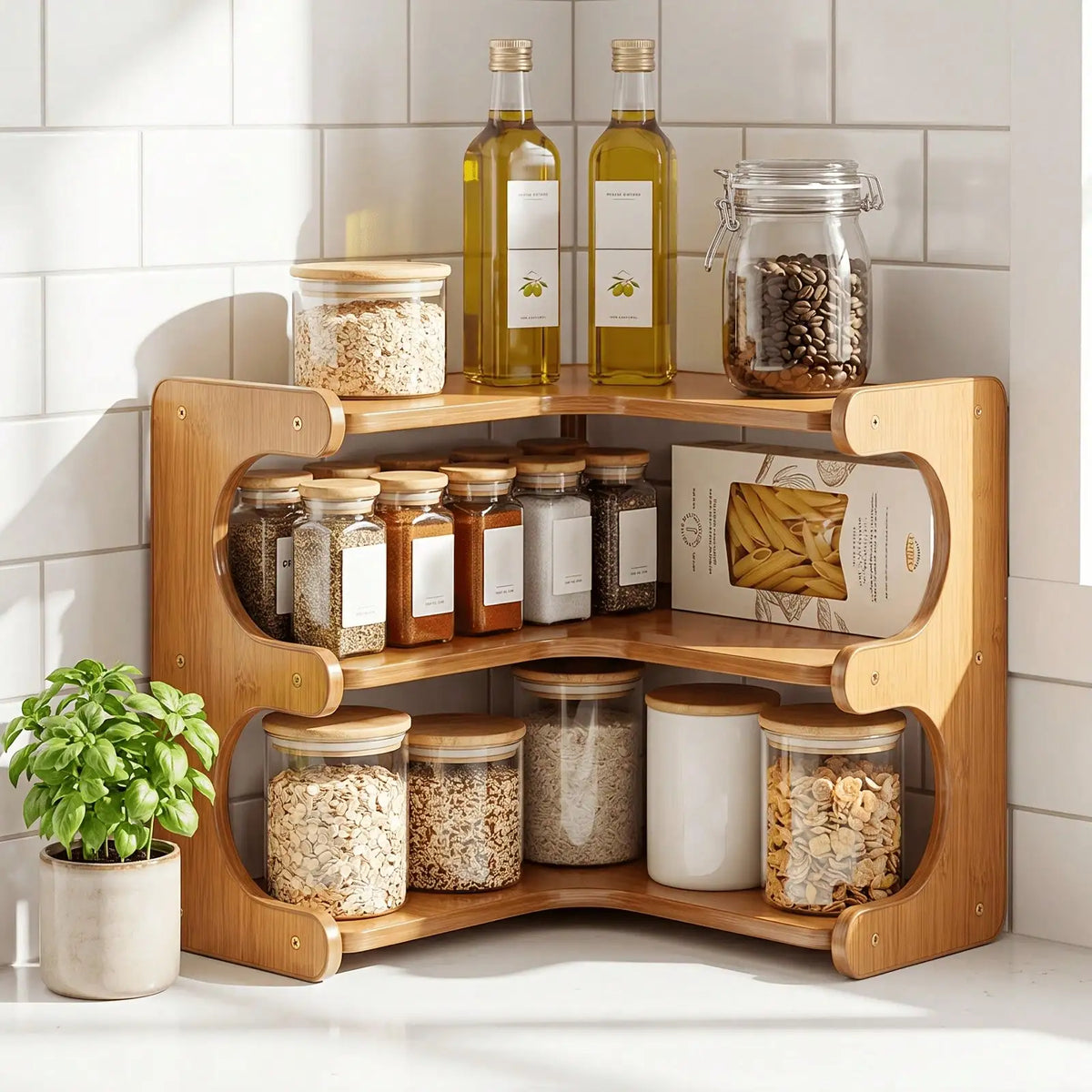 Freestanding Wood Corner Storage Rack