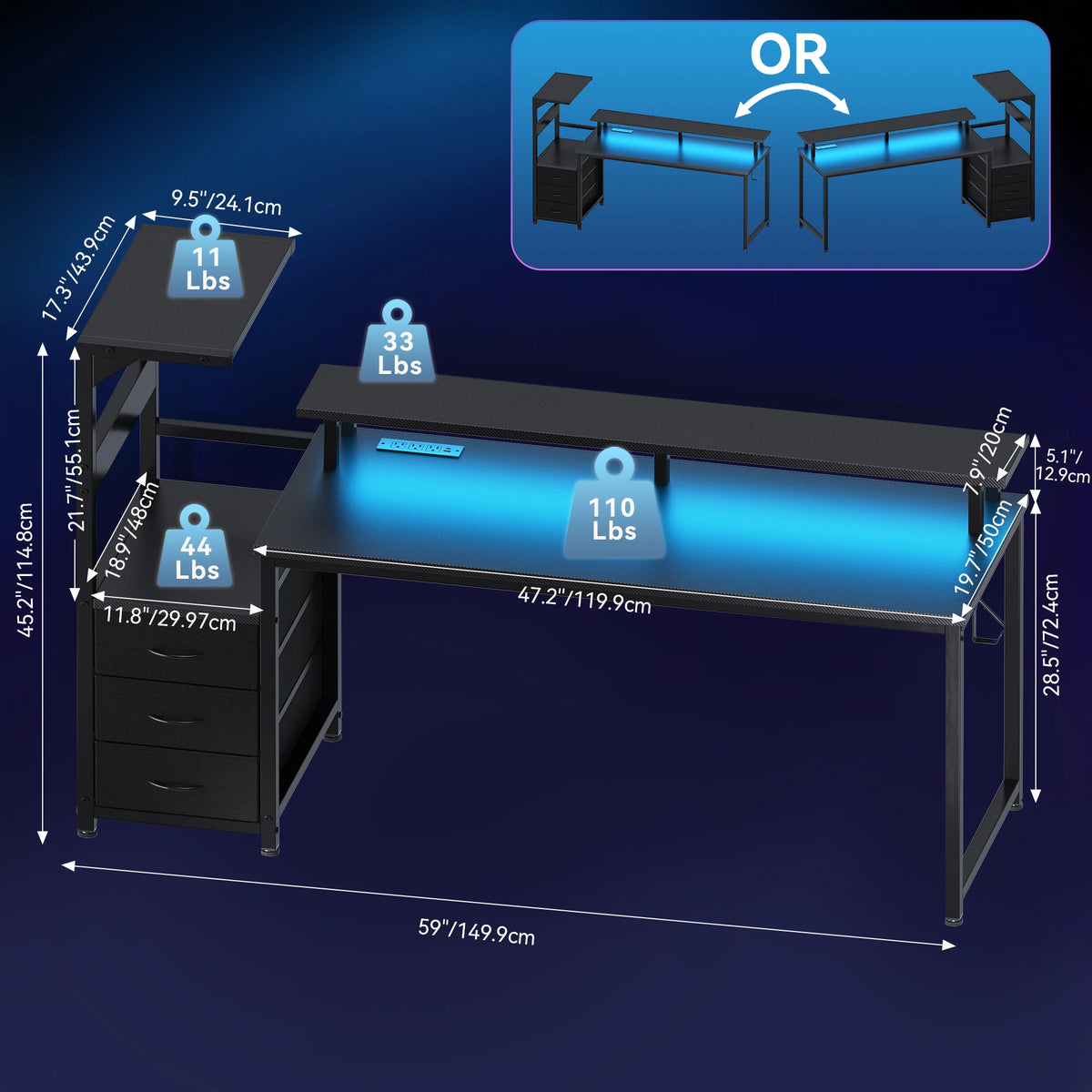 JHK Gaming Desk With Storage Drawers And LED Lights