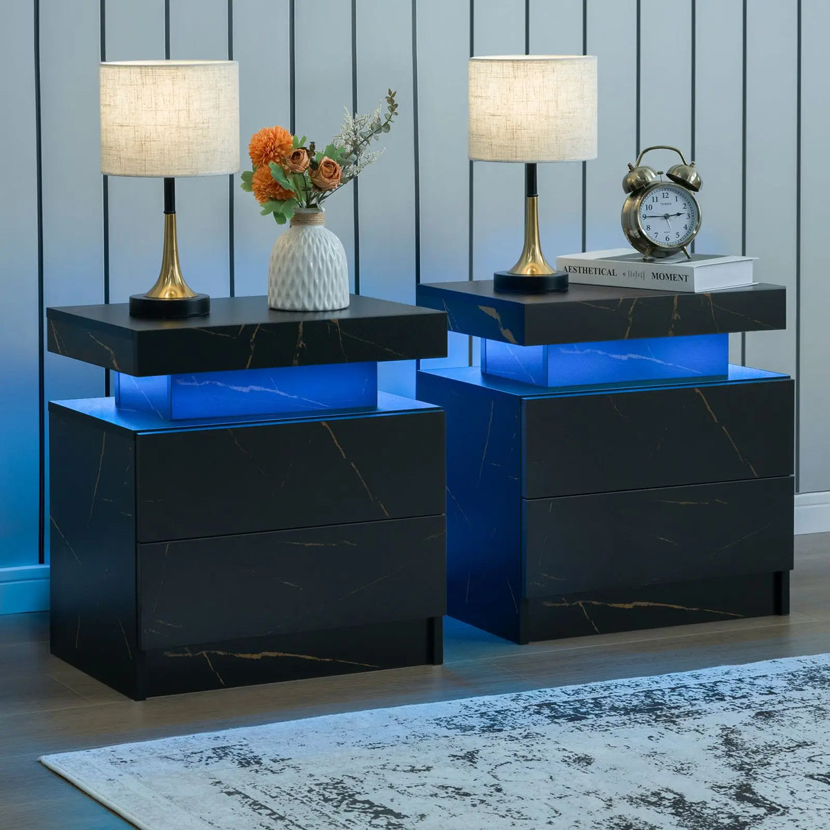 Cubehom Nightstand Set Of 2 With LED Drawers Bedside Tables