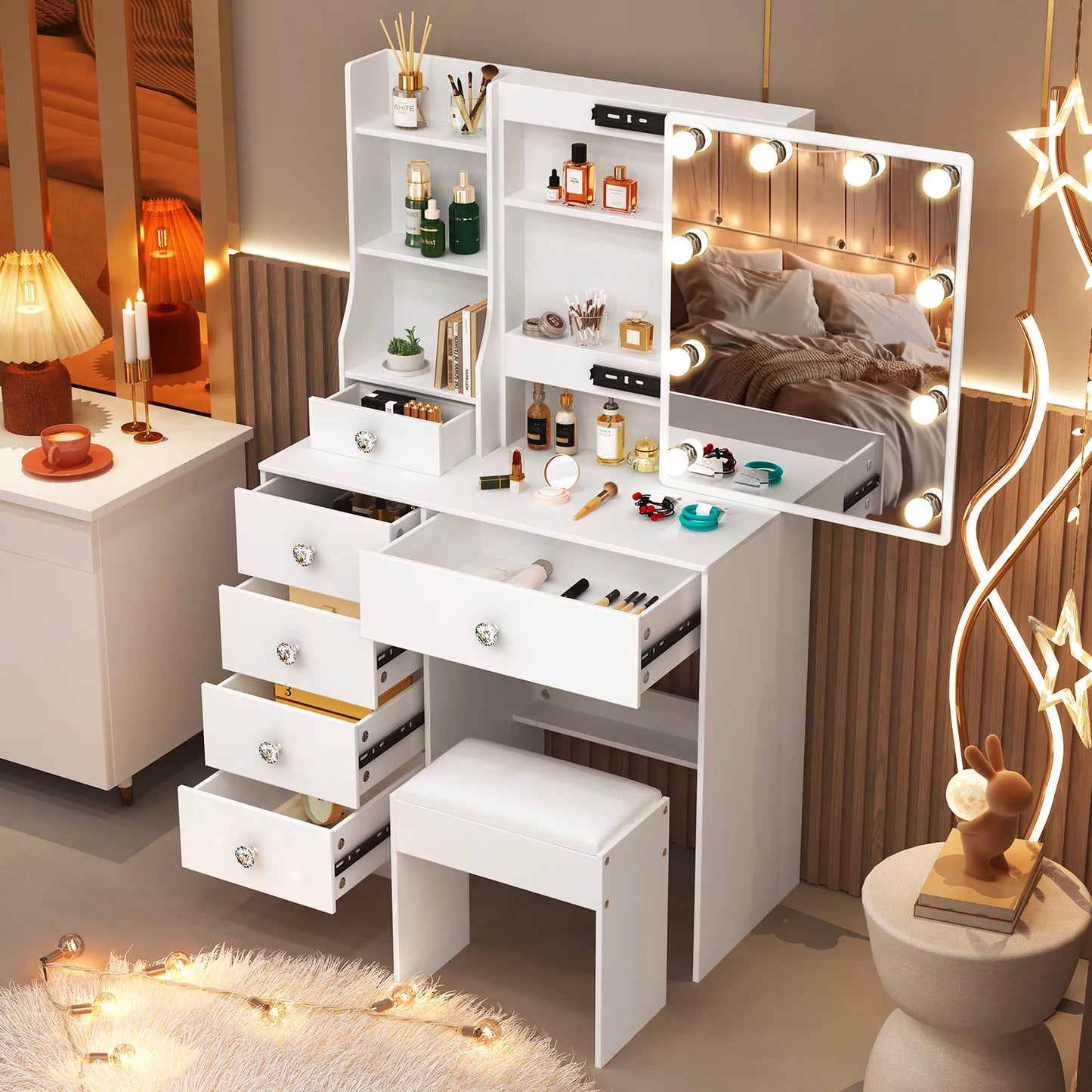 Teousev Modern Wooden Vanity With Led Lights And 6 Drawers