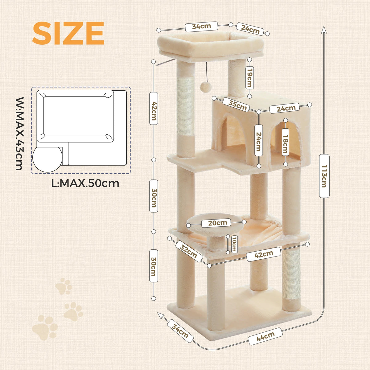 PEQULTI Five Tier Cat Tree With Hammock And Sisal Post