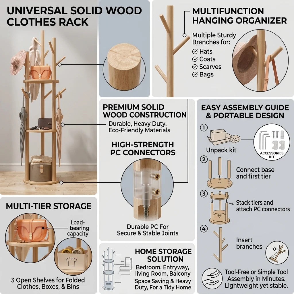 Multifunction Solid Wood Clothes Rack Organizer