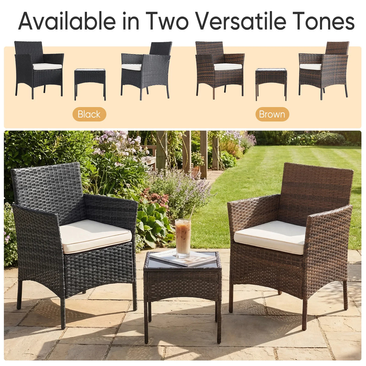 JHK 3-Piece Outdoor Patio Set Wicker Rattan With Glass Table