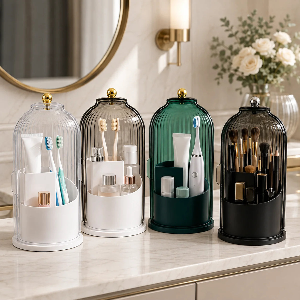 Sliding Lid Rotating Toothbrush Holder Organizer for Bathroom