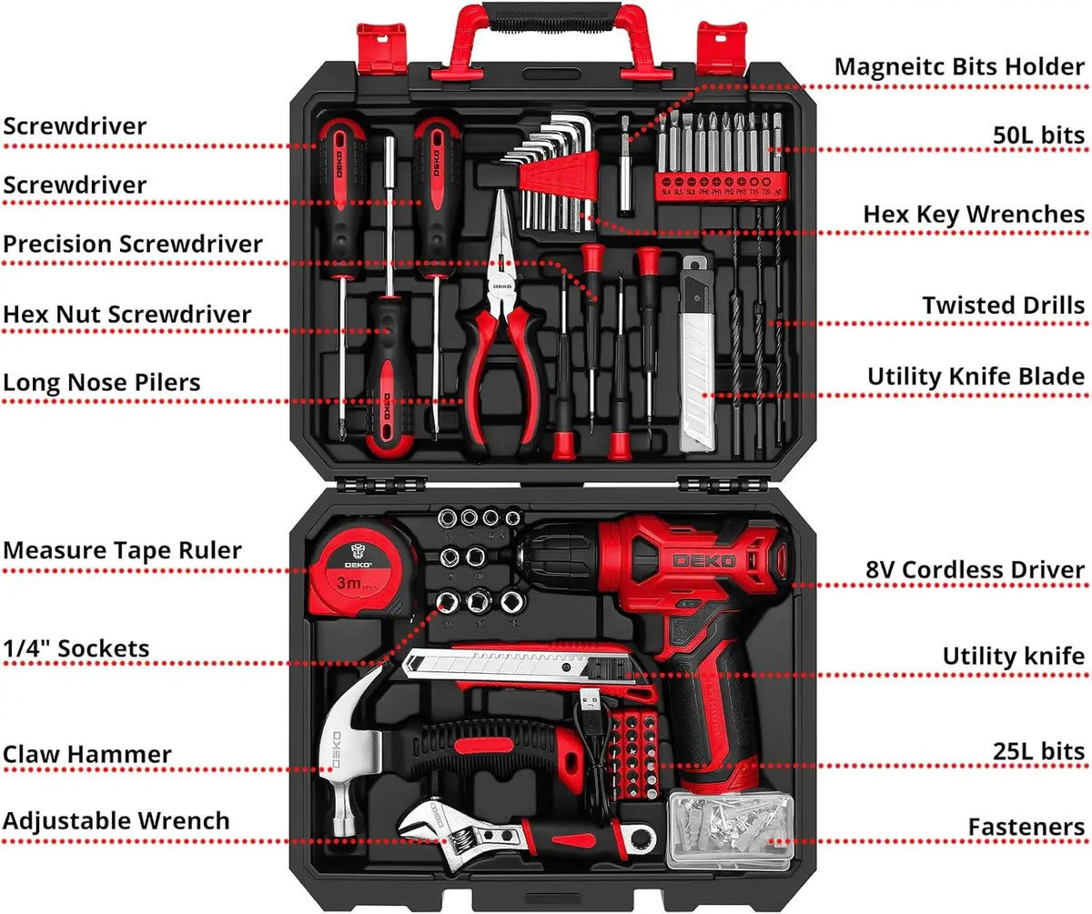 DEKO 126 Piece Cordless Drill Home Tool Kit