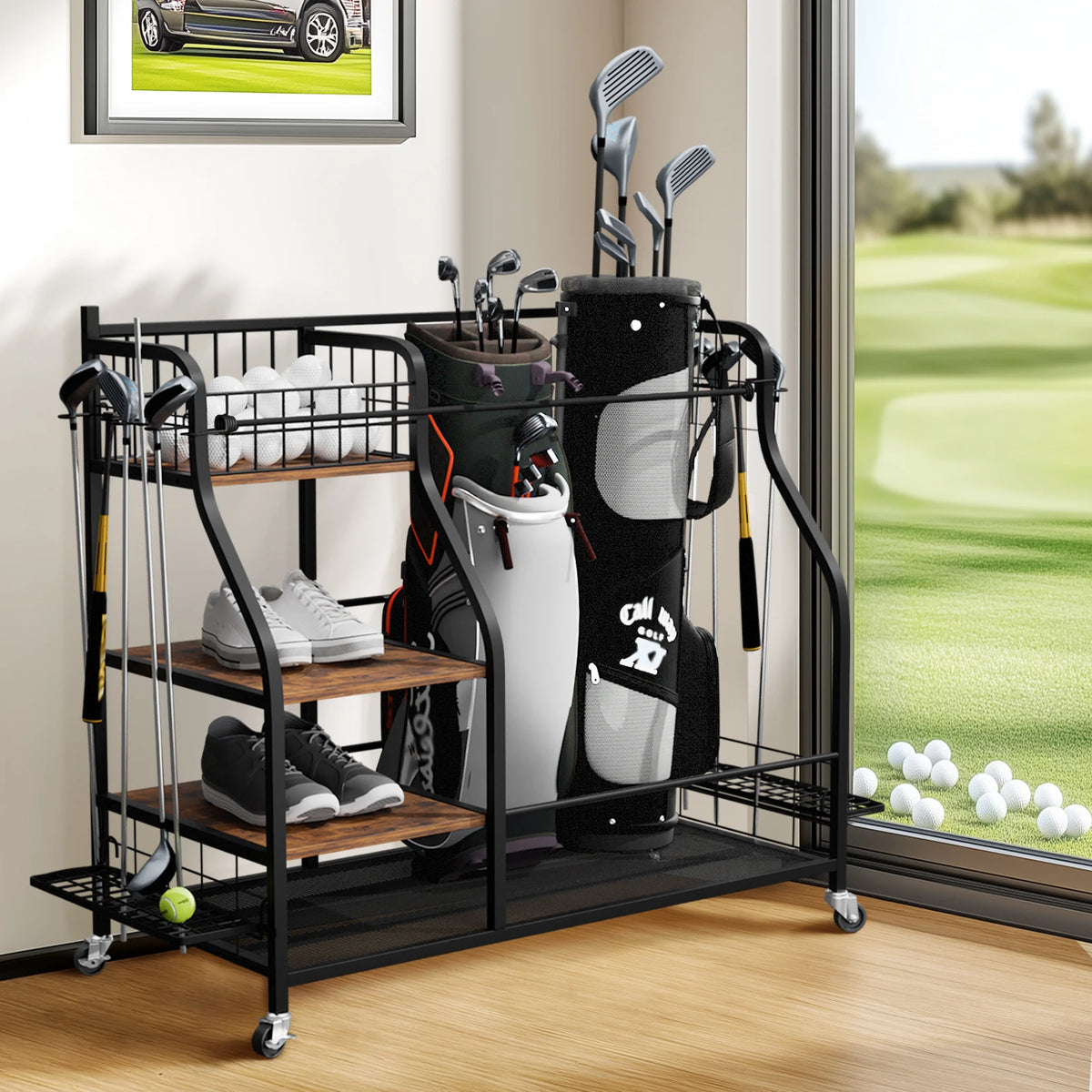 Metal Rolling Golf Bag Storage Rack With Wheels