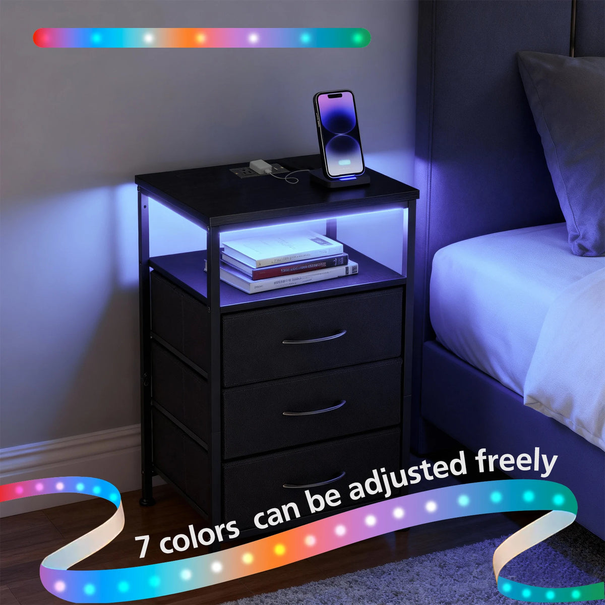 JHK Bedside Nightstand With Charging Station And Drawers
