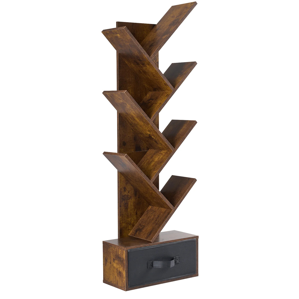 JHK 43IN Geometric Wooden Book Rack 7-Tier Tree Bookshelf Bookcase with Drawer Slim Corner Bookshelf for Home Small Spaces