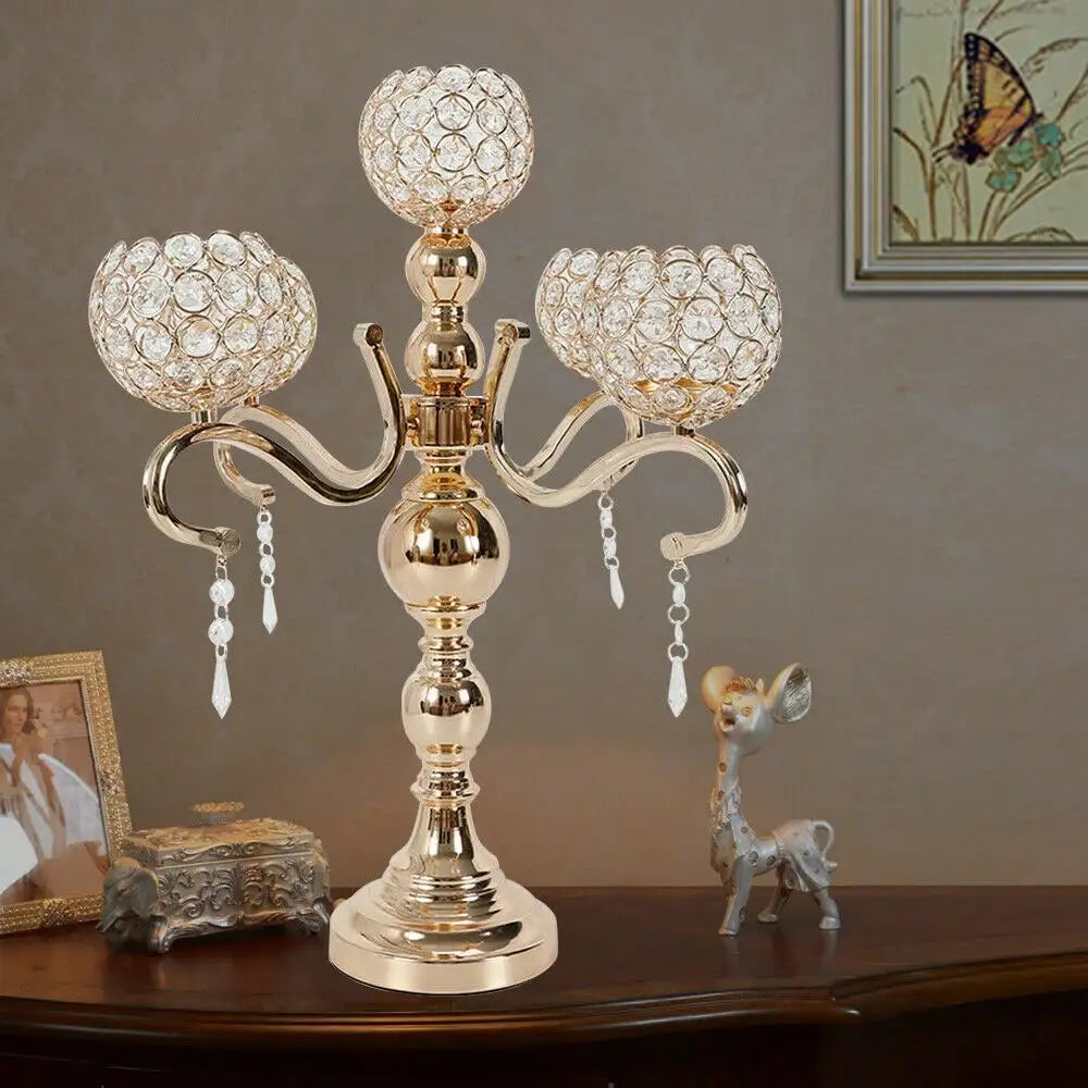 Gold Plated 5-Arm Crystal Tabletop Candle Holder, Electroplated Iron Glass Acrylic Candelabra With Stable Round Base, Modern Desktop Candle Stand For Wedding, Dinner Party, Home Decor & Holiday Housewarming Gift