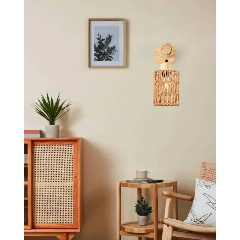 JOYINLED Hemp Rope Cylindrical Wall Lamp For Bedroom