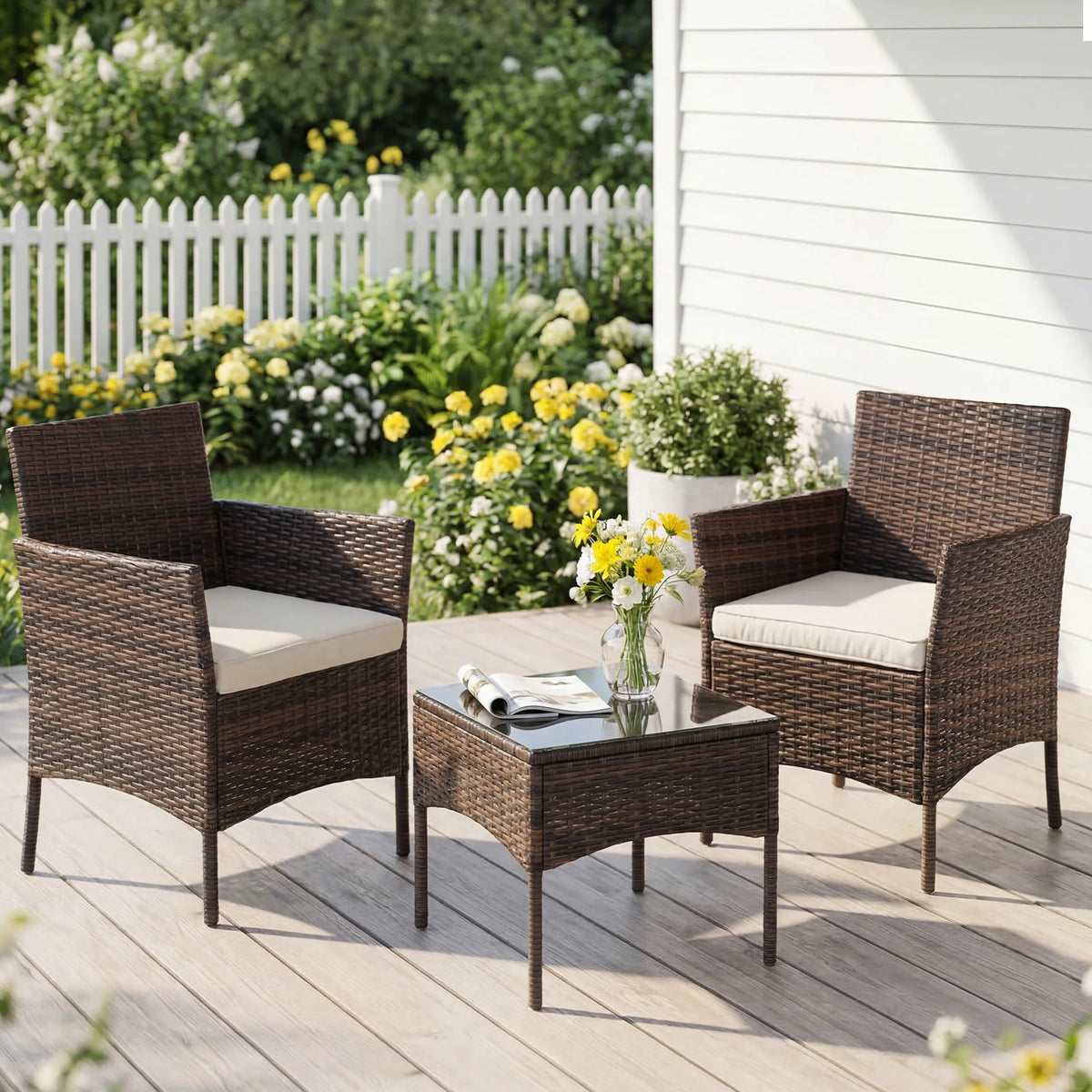 JHK 3-Piece Outdoor Patio Set Wicker Rattan With Glass Table
