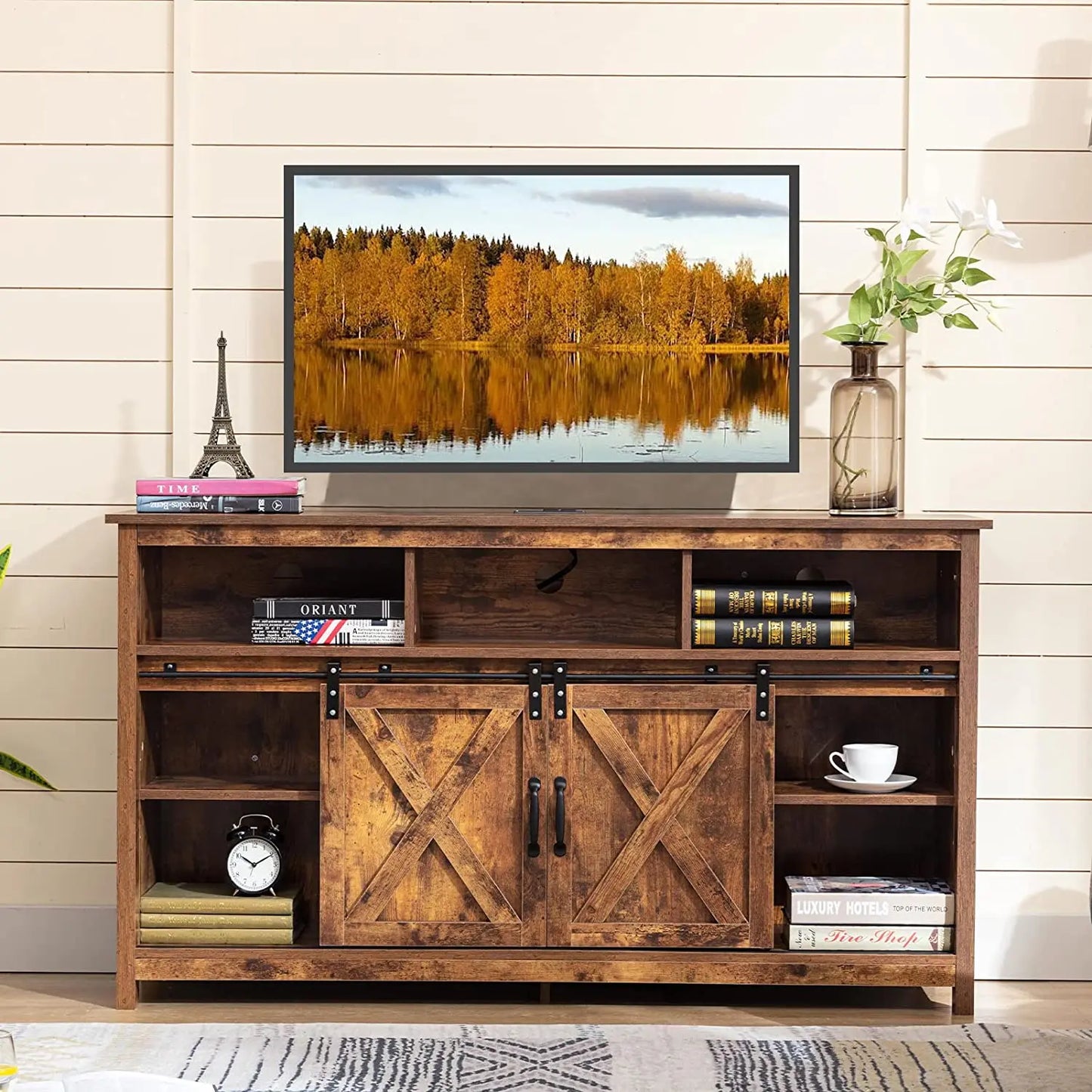 QiaoShiRen TV Stand Farmhouse Rustic Barn Door Cabinet