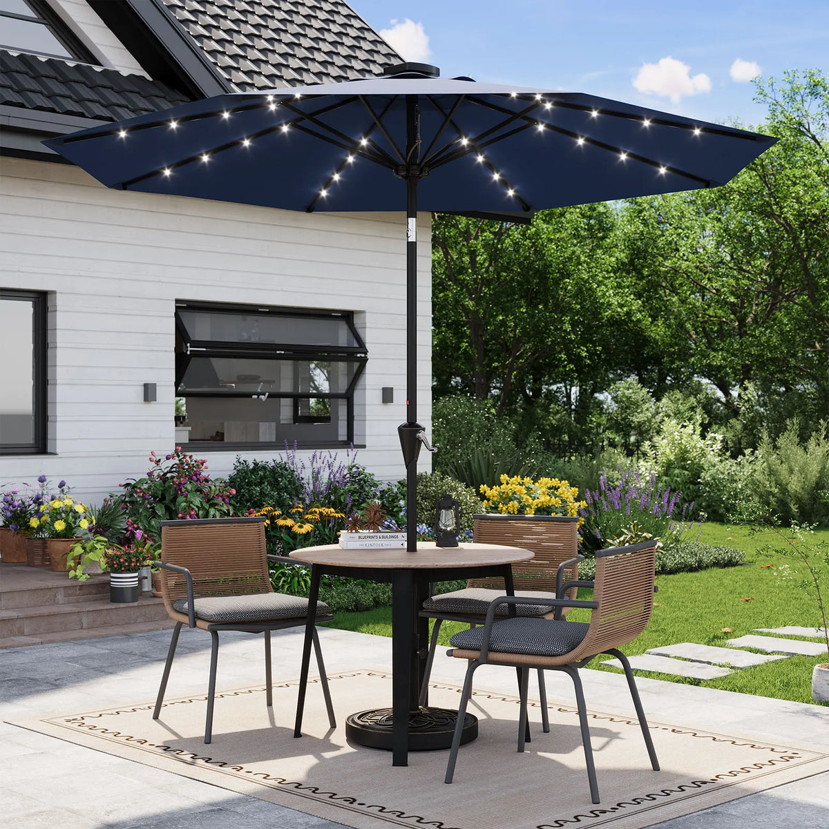 HiMiss Solar Patio Umbrella With Led Lights