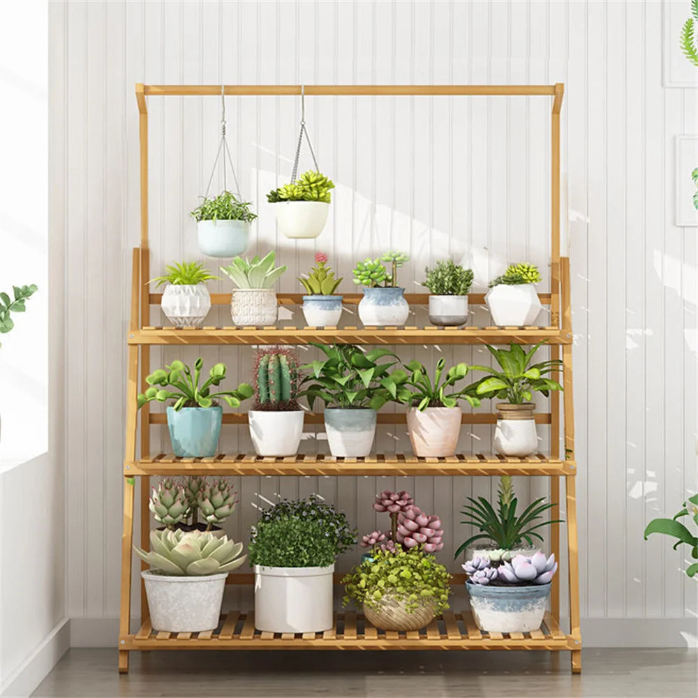 Folding Bamboo Plant Stand With Flower Pot Holder Rack