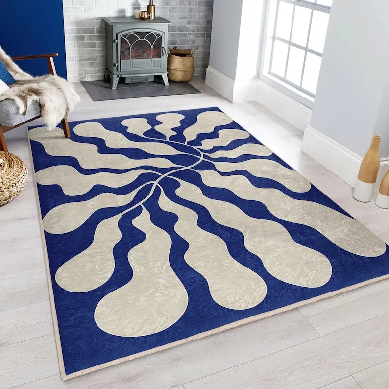 Flowing Blue Ripple Area Rug Abstract Organic Design Modern Square Carpet  Home Accent