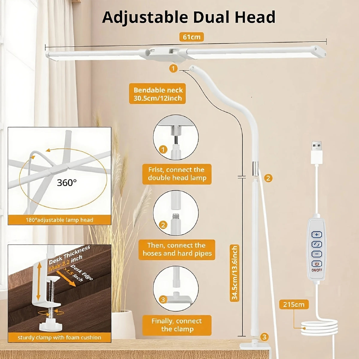 DUMILOO Double Head Clip On Adjustable LED Lamp