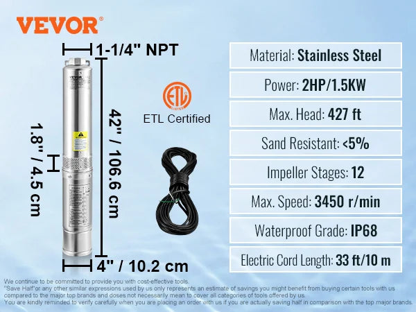 SucceBuy Stainless Steel Deep Well Submersible Pump