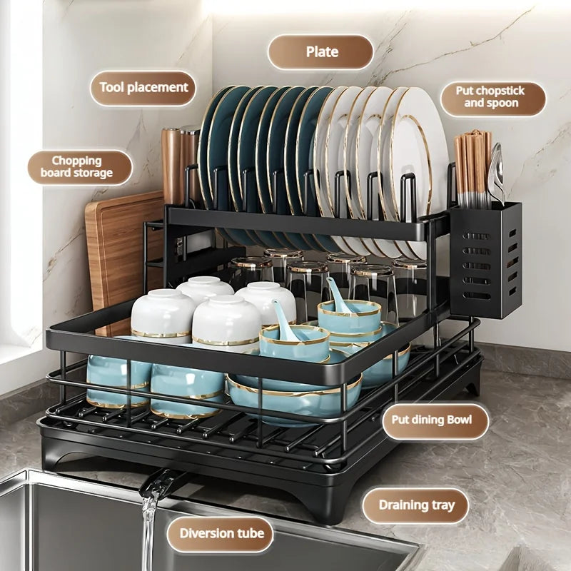 AEHOME 2-Tier Expandable Dish Drying Rack With Drainboard