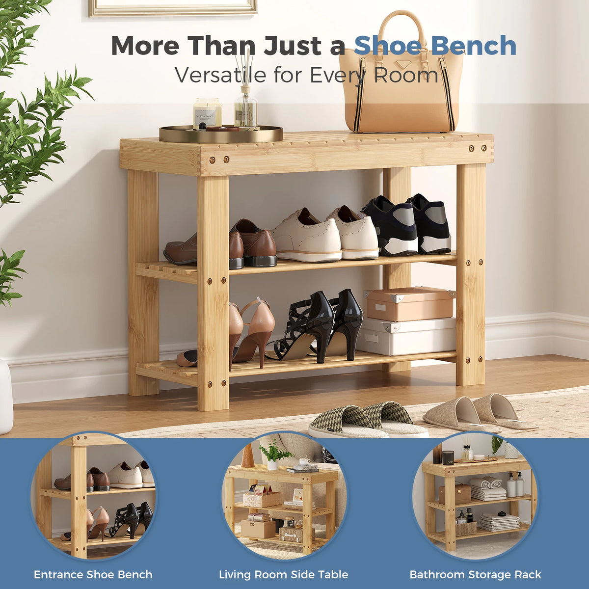 MCQ Three Tier Bamboo Shoe Cabinet With Bench